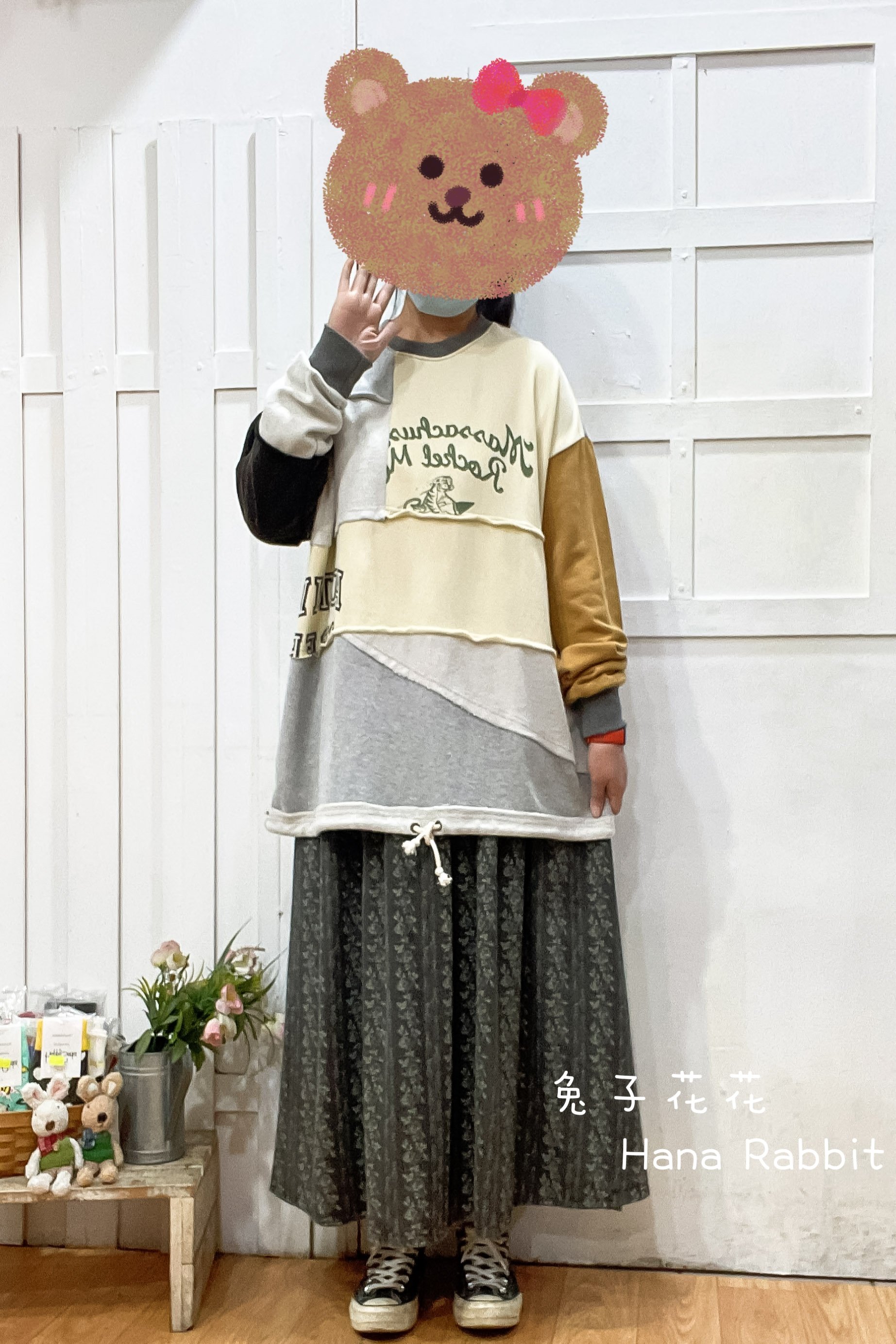 日系原單拚接印花中長毛圈棉上衣(駝) 16596