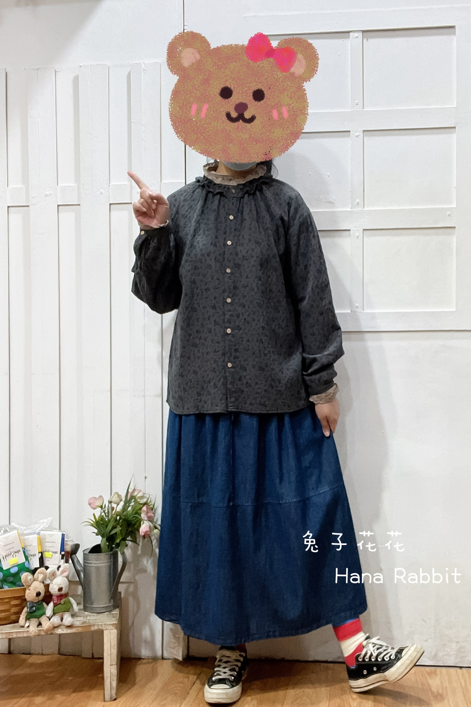 森系小碎花荷葉領開襟衫(灰) 13131