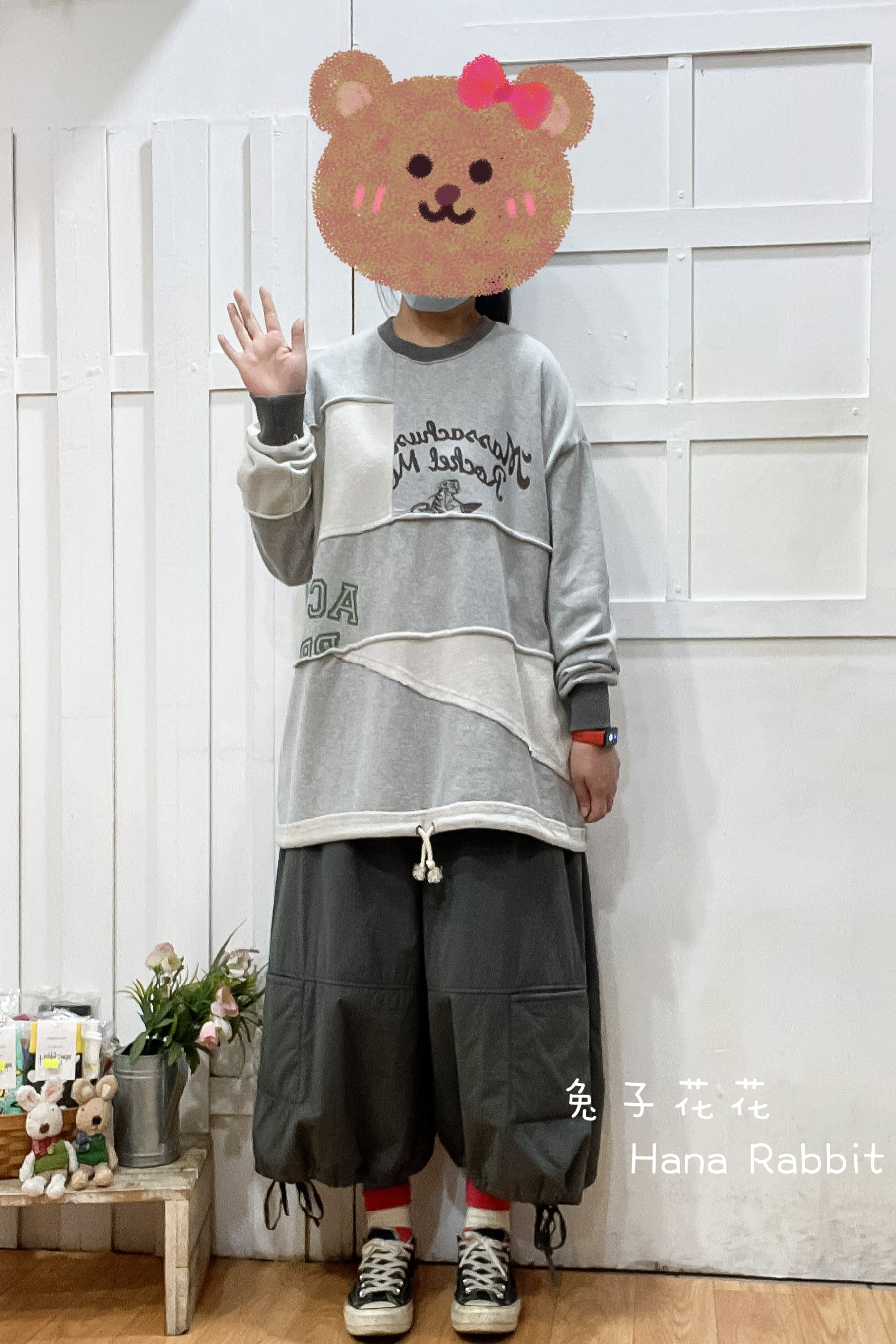 日系原單拚接印花中長毛圈棉上衣(灰) 16596