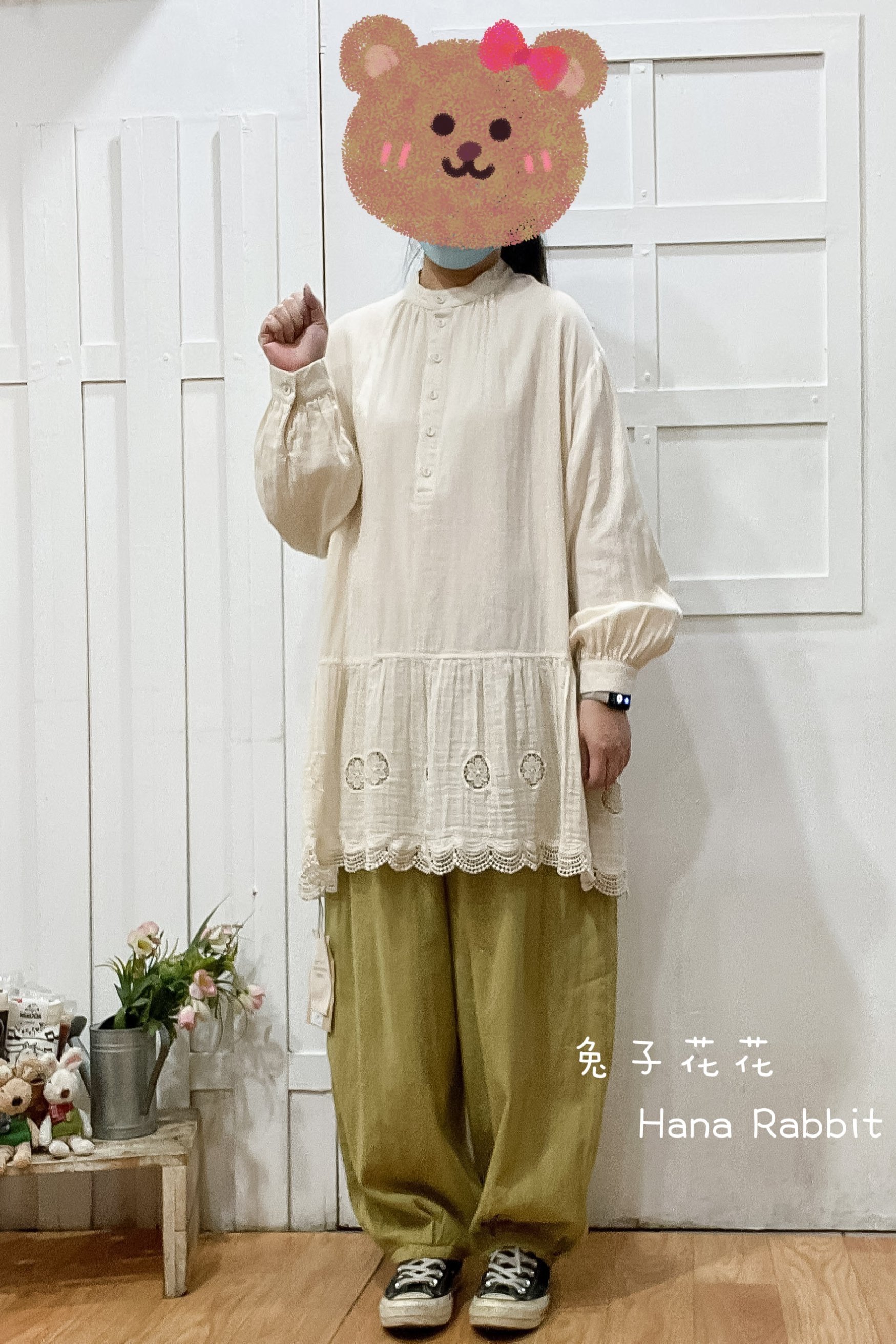 森系拚接蕾絲半開襟中長上衣 16450