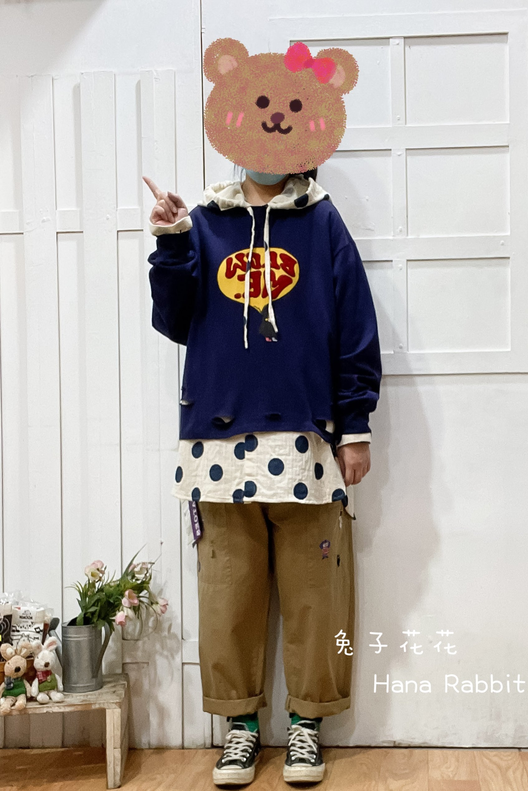 破損感羊羔絨字母棉質上衣(藍) 31007