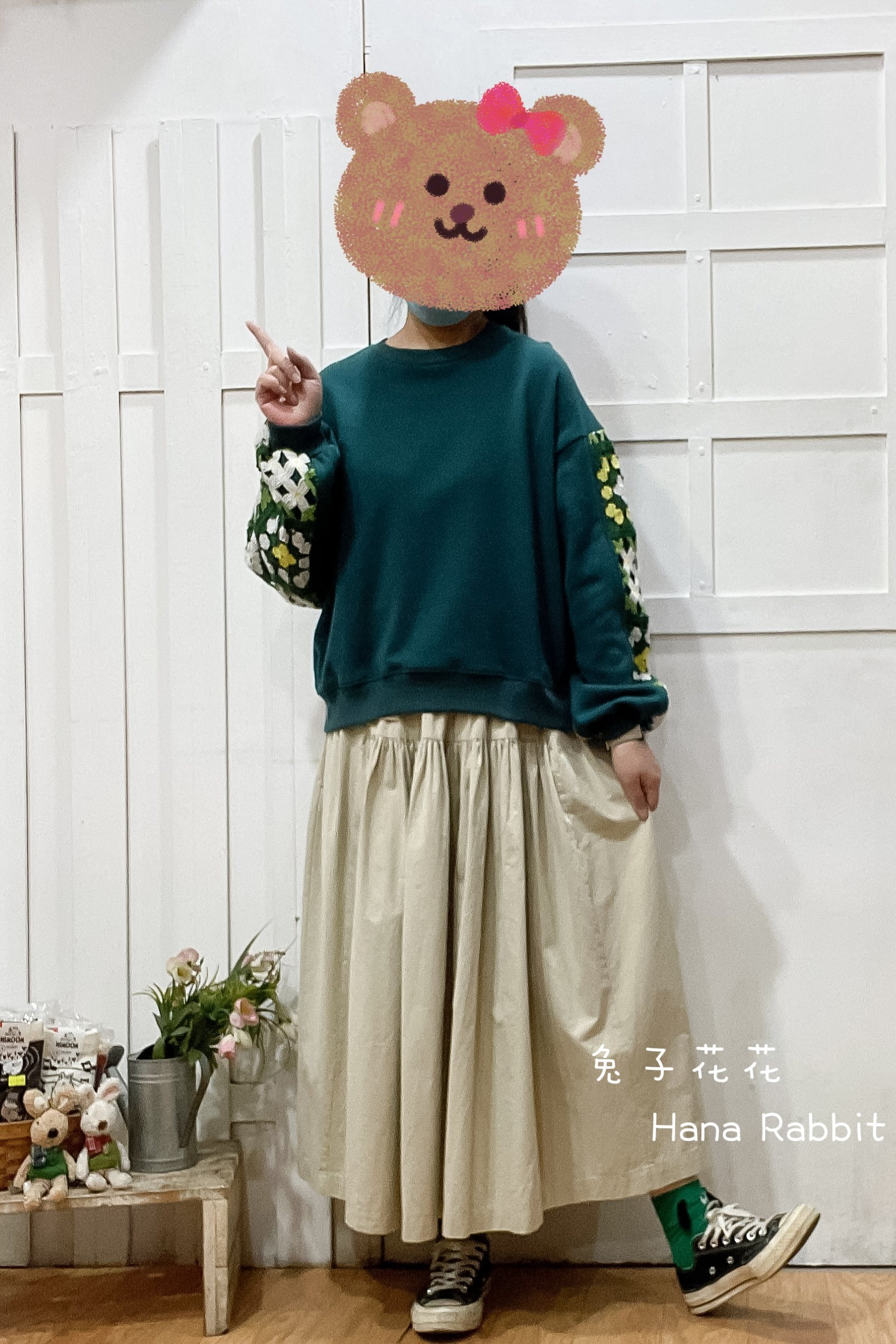 日系編織拚接毛圈棉上衣(綠) 16551