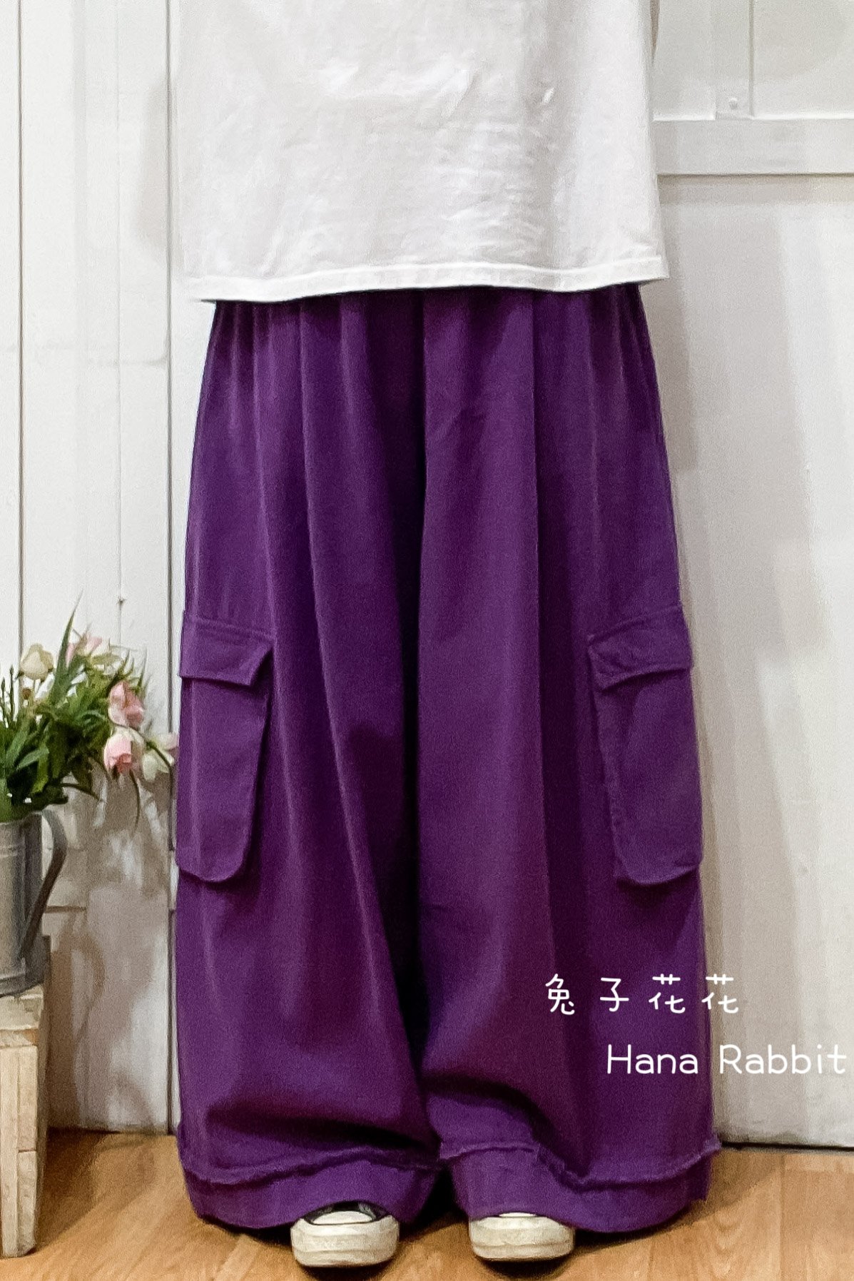 森系可縮腳落地工裝闊腿造型褲 16065