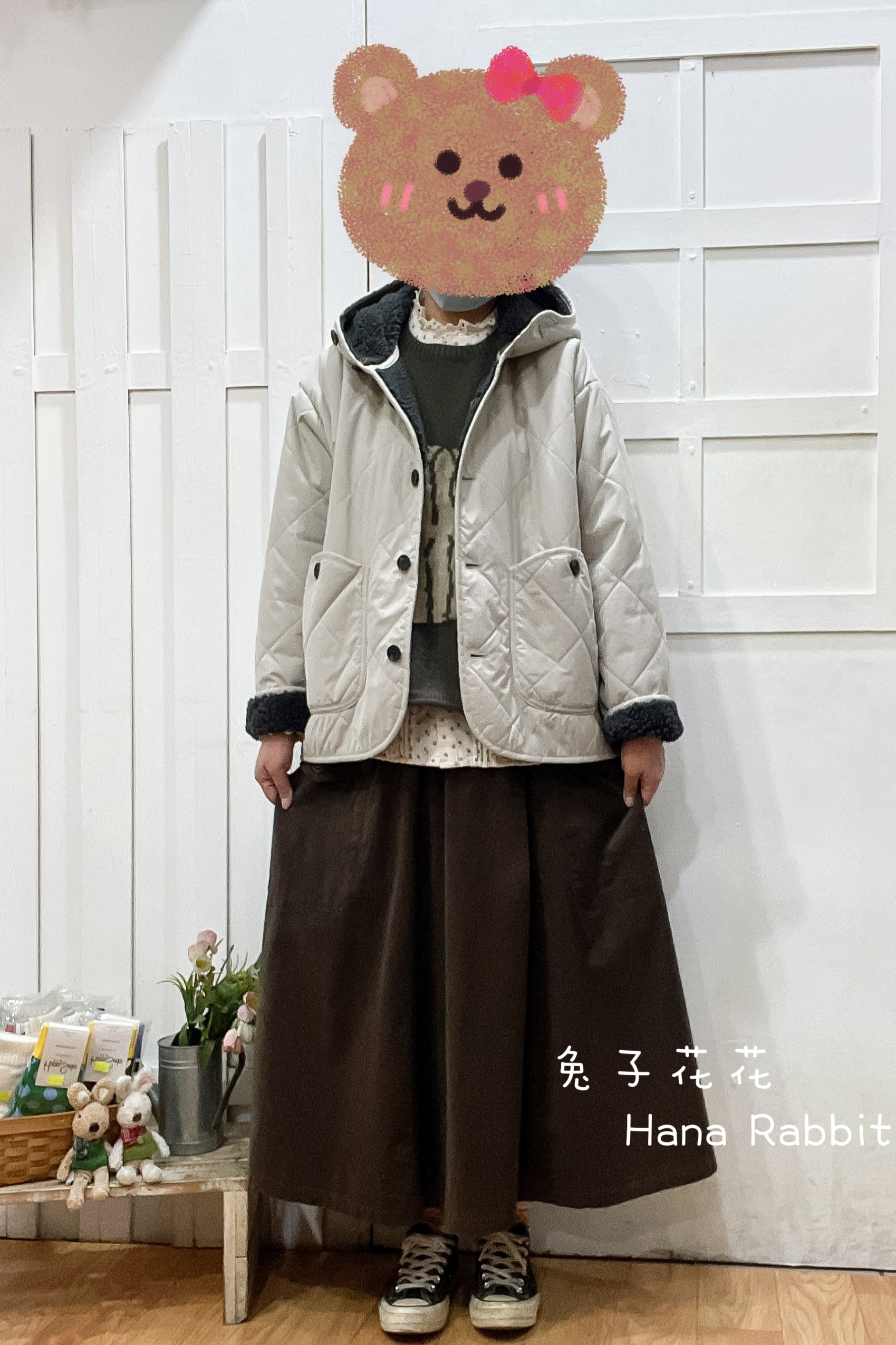 日系菱格壓紋連帽加絨外套(杏) 31127