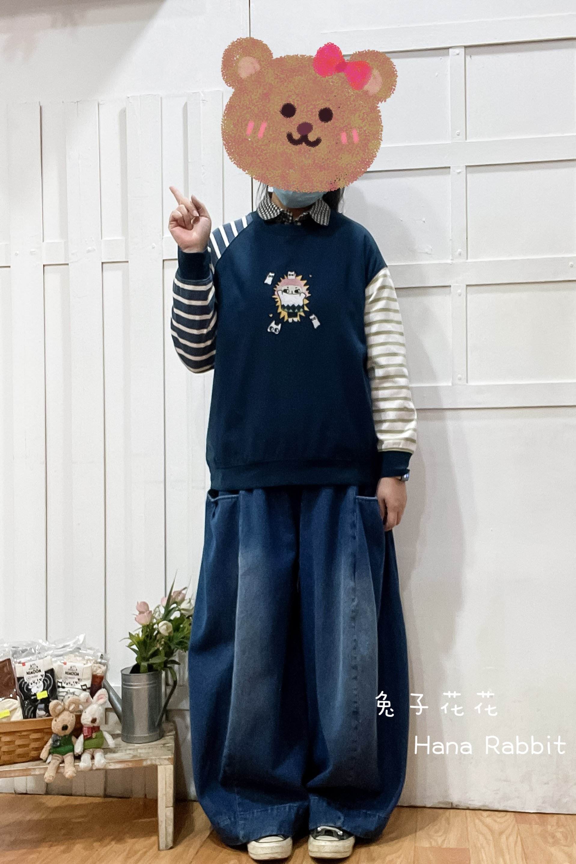 刺繡爆炸小女孩撞色重磅棉上衣(藍) 21102