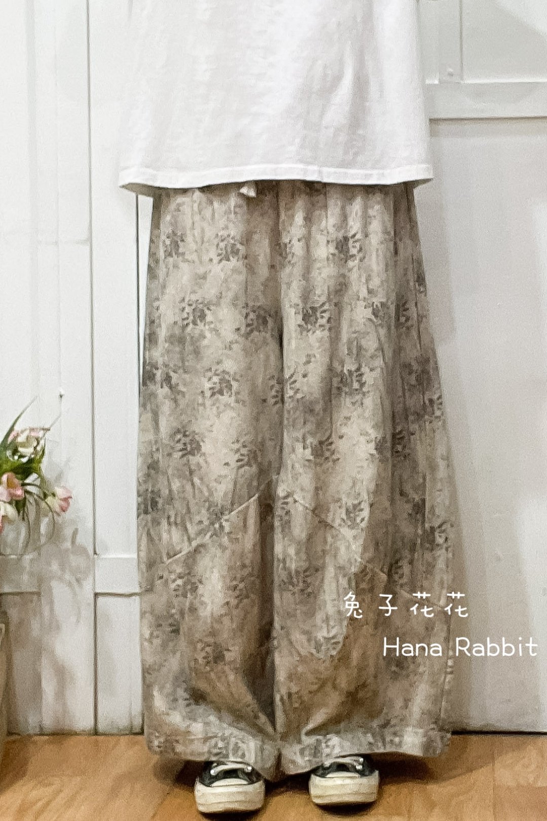 森系復古印花落地哈倫褲 21010