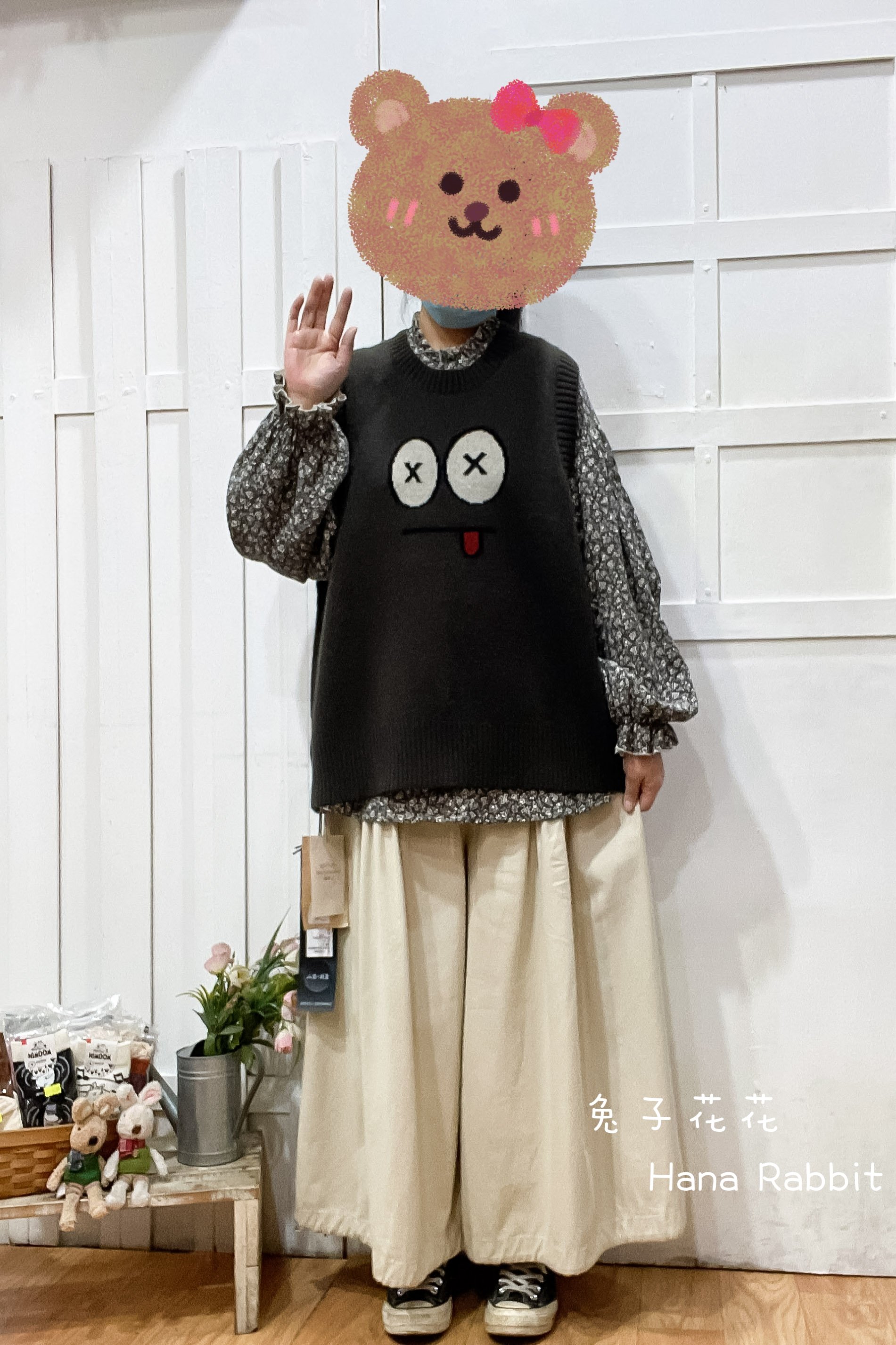 日系卡通減齡針織背心(咖) 21118