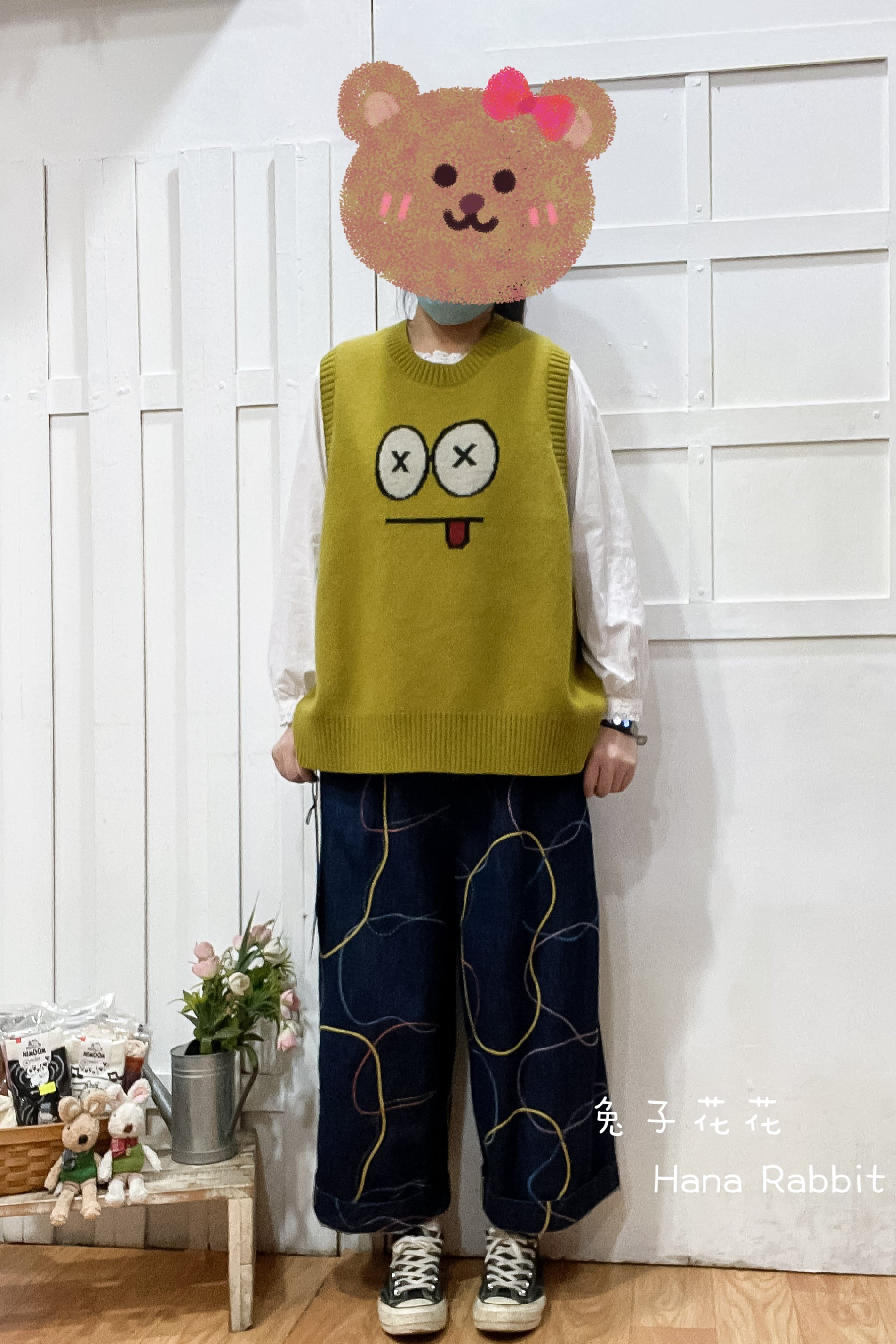 日系卡通減齡針織背心(芥黃) 21118