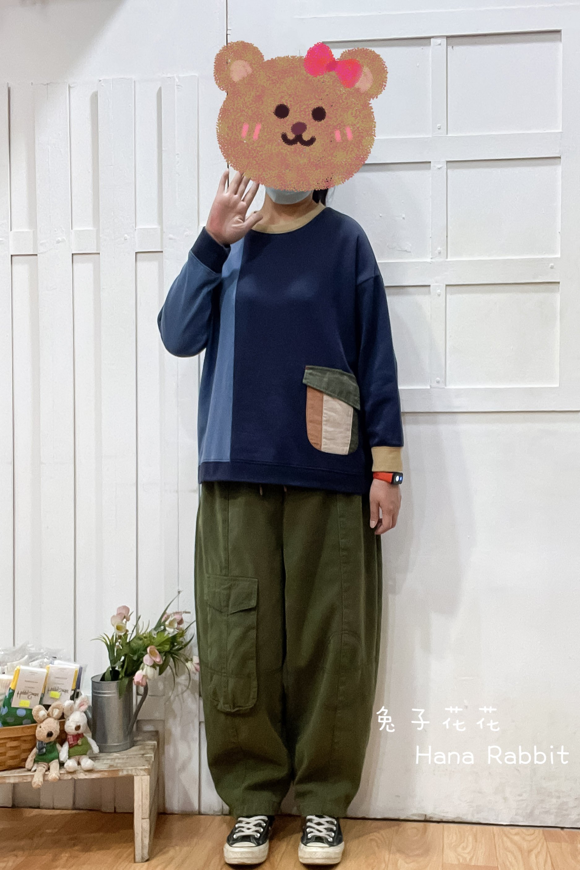 日系撞色小口袋毛圈棉上衣 15236