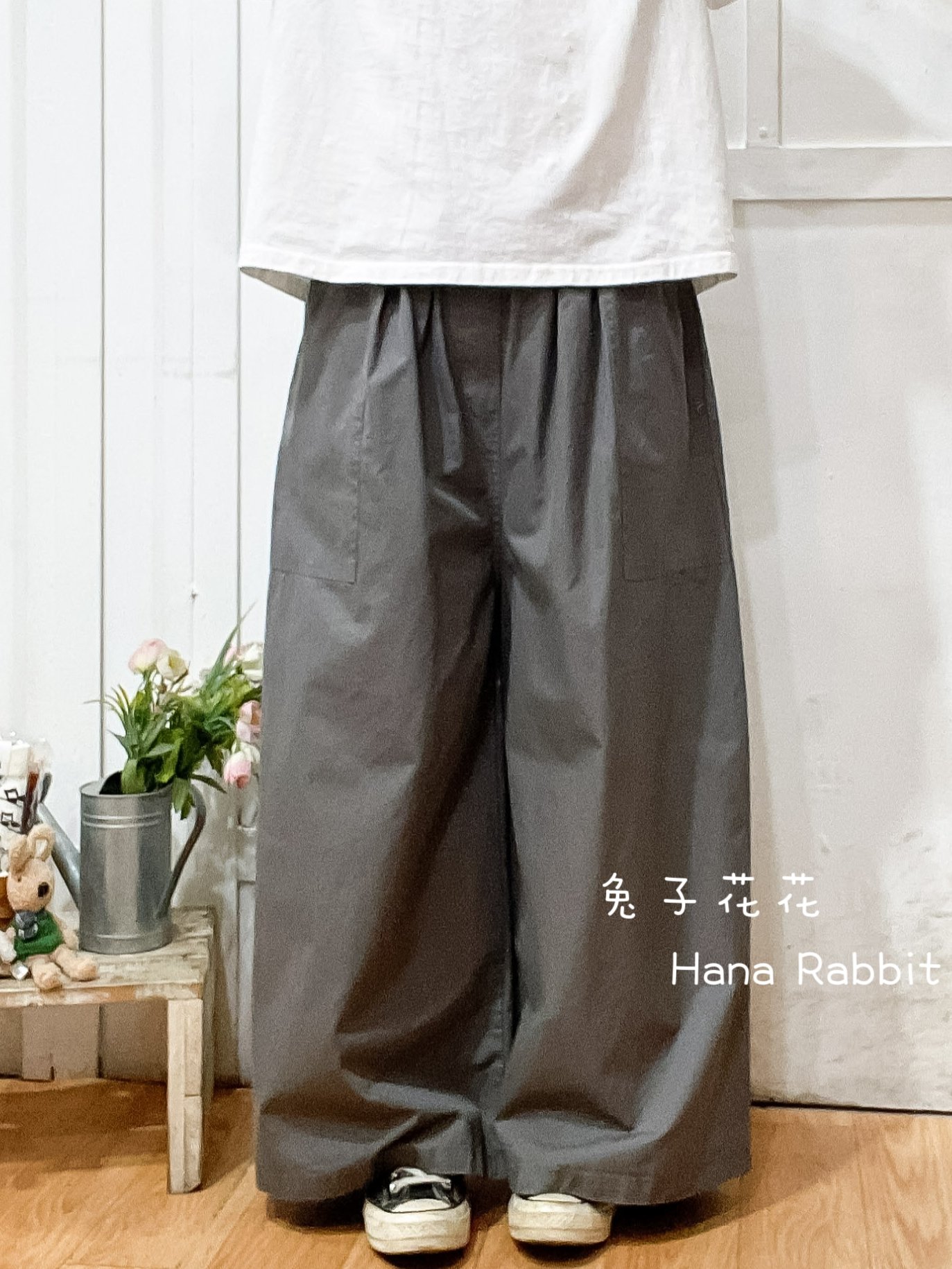 日系簡約彩繩闊腿寛褲(灰) 14413