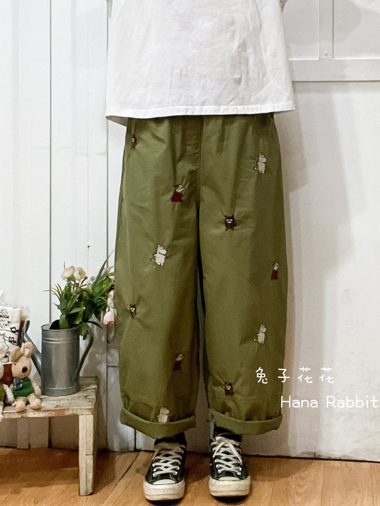 日系刺繡童趣棉麻直筒褲(綠) 13516