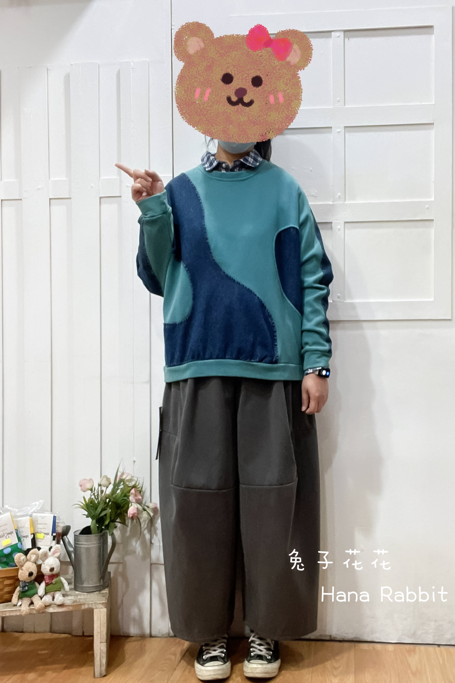 日系異布材質撞色上衣(藍) 21128