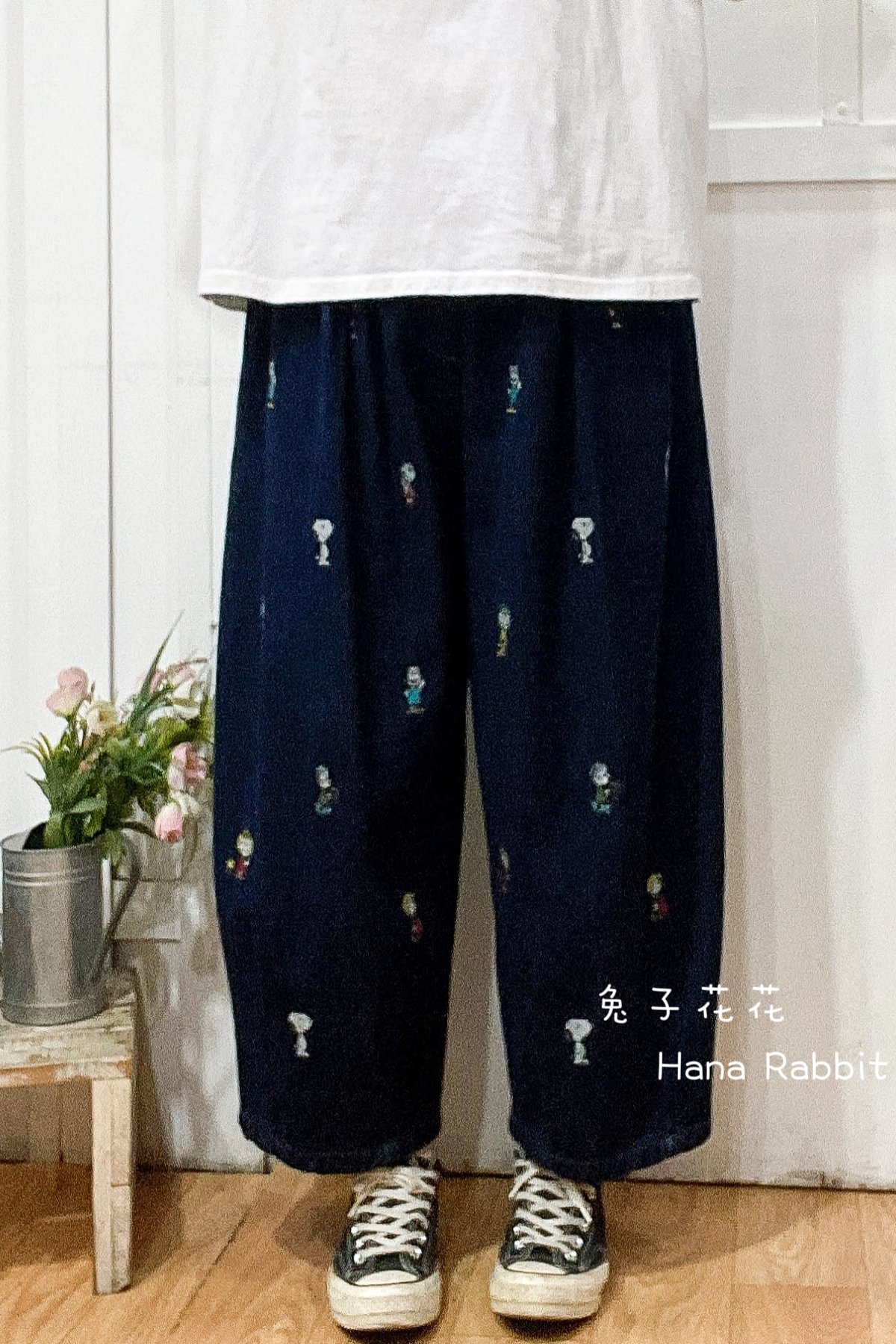 日系刺繡童趣丹寧造型褲(內磨毛) 19975