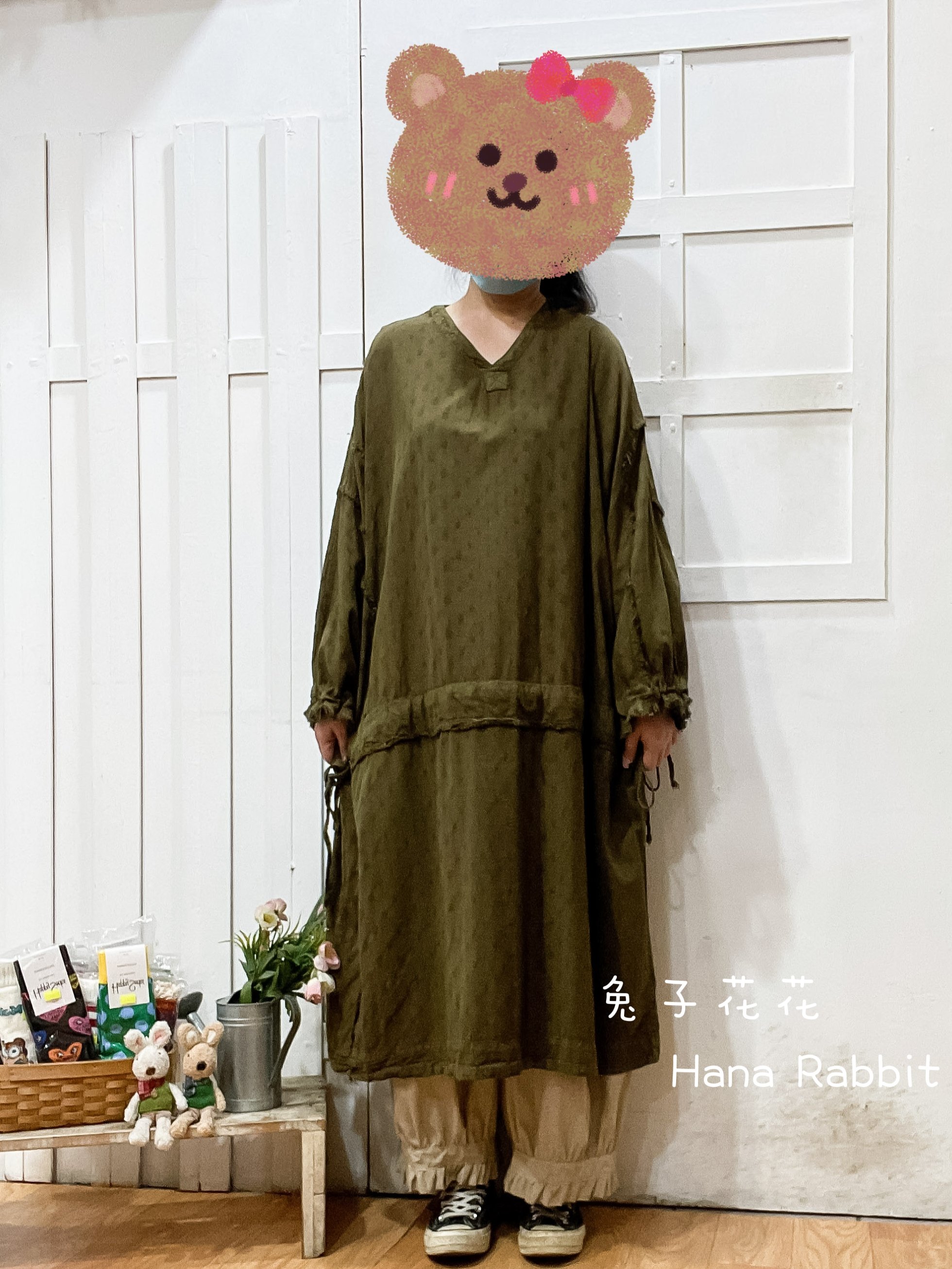 森系V領抽繩蝙蝠袖個性洋裝(咖綠) 30429