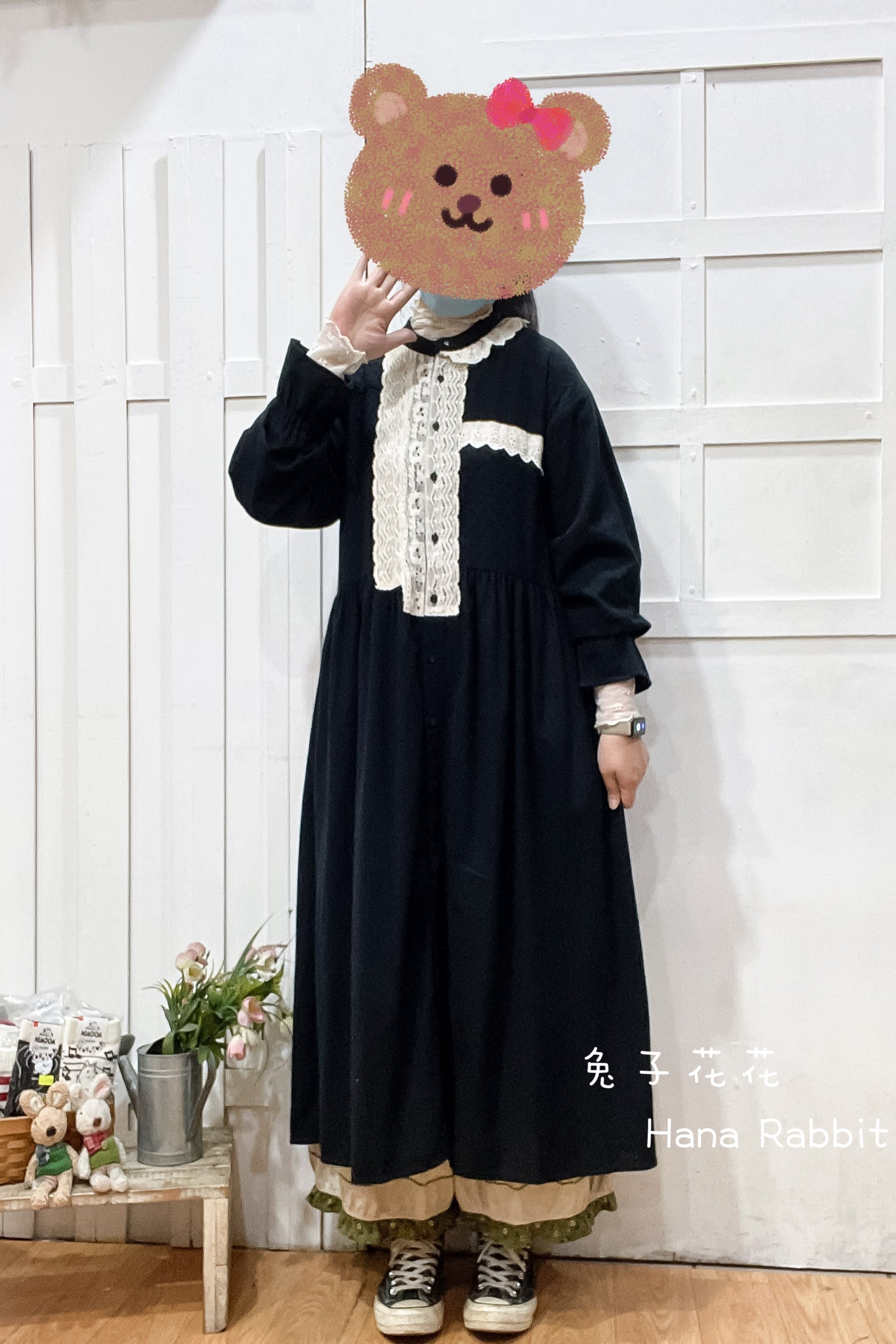 森系原單拚接蕾絲開襟洋裝(黑) 19423