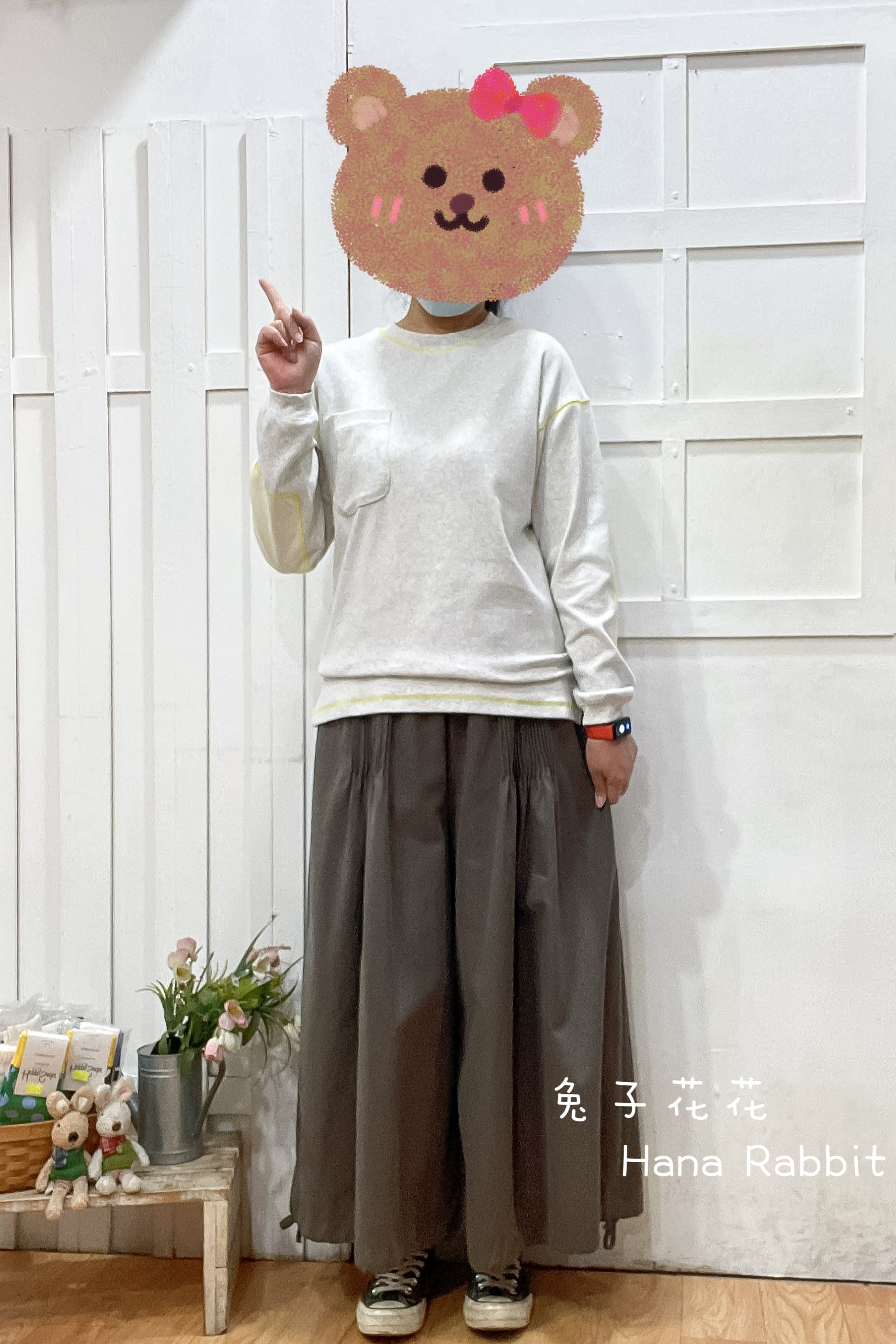 明線袖補丁彈力棉上衣(花灰) 14573