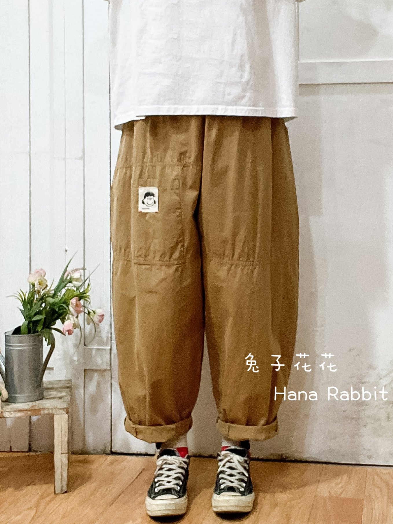 日系小布標棉麻老爺褲(卡其) 13653