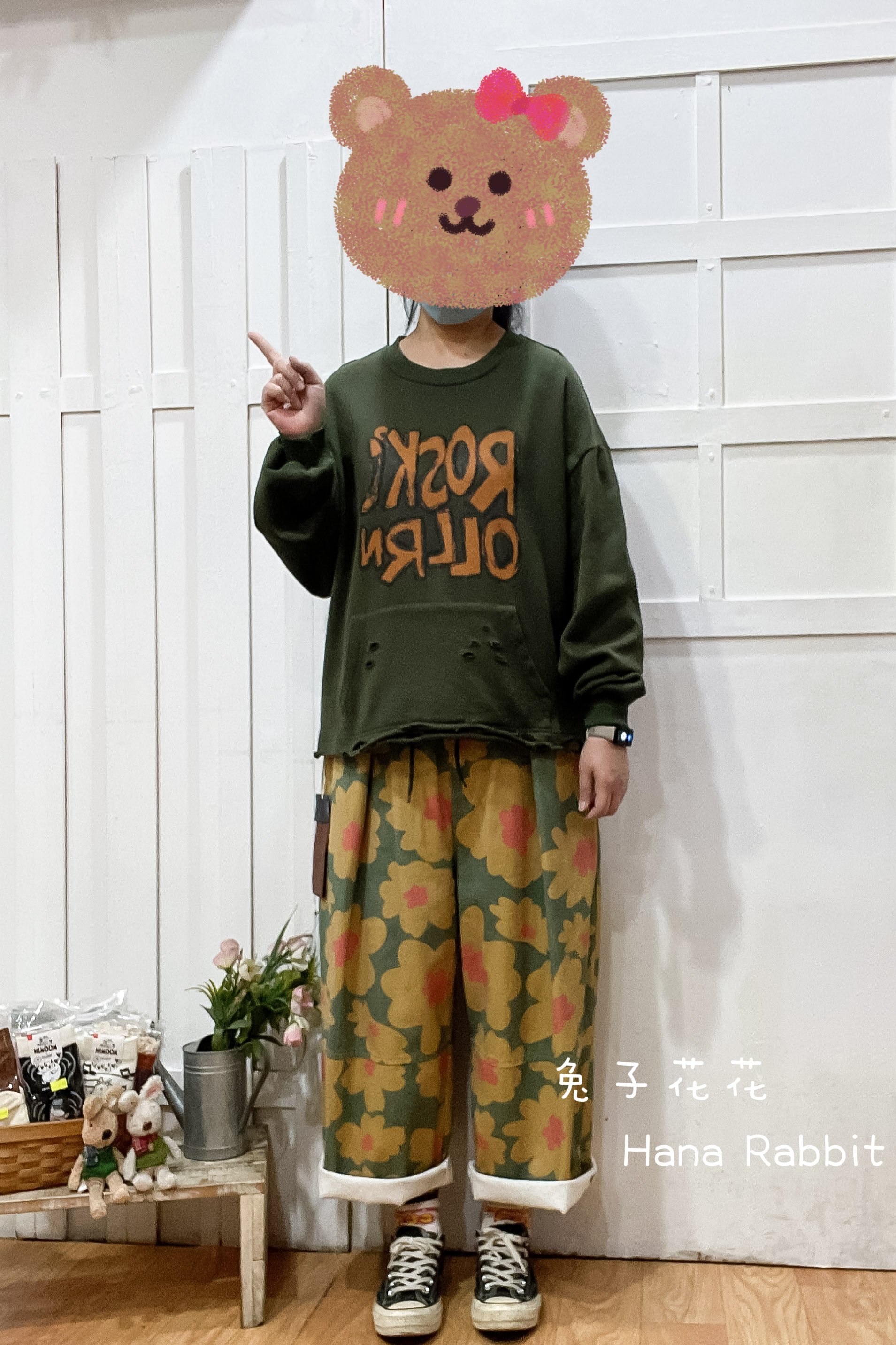 日系破損感字母印花毛圈棉上衣(綠) 21028