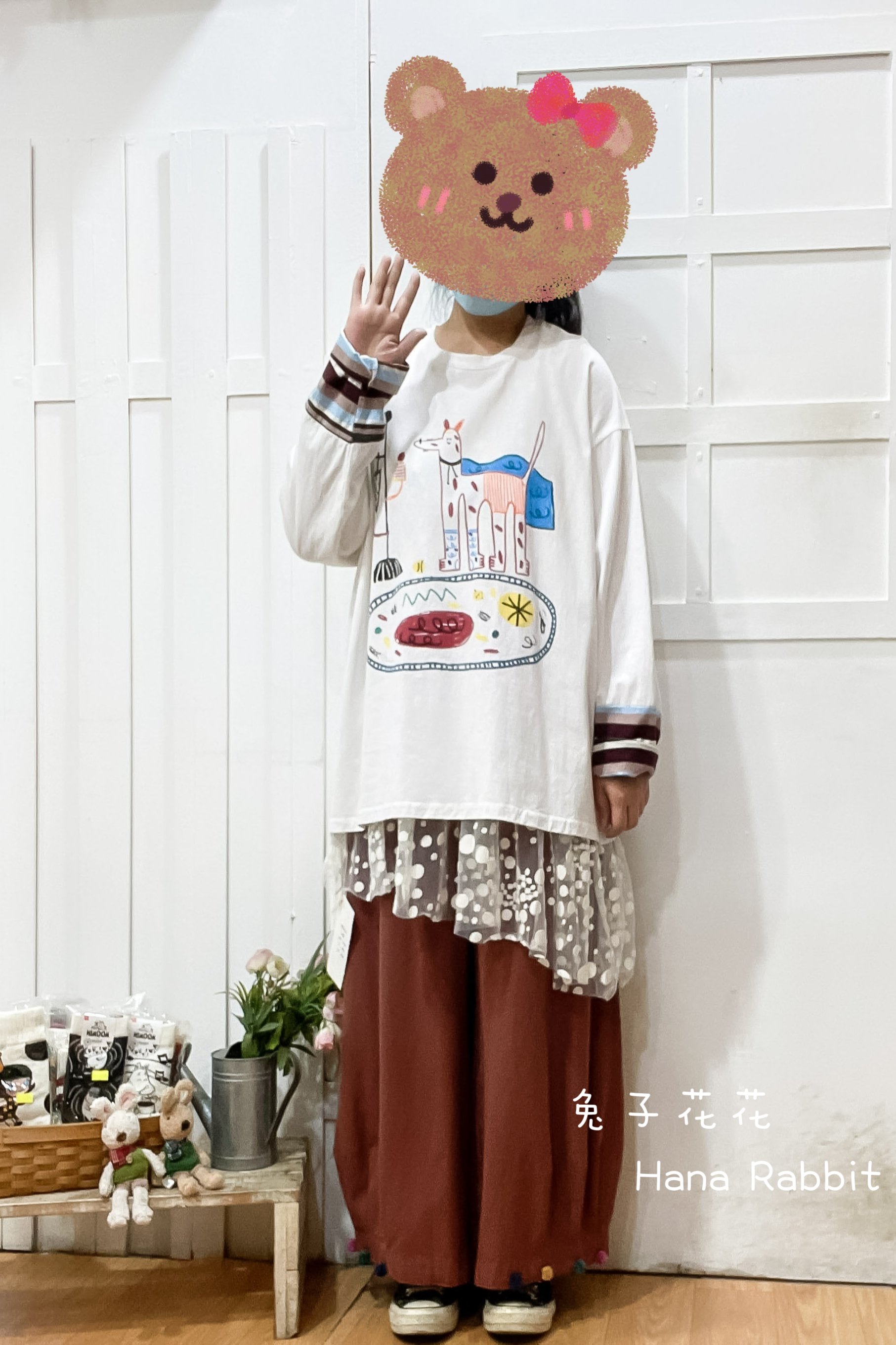 可愛塗鴨接袖中長棉質上衣(白) 20913