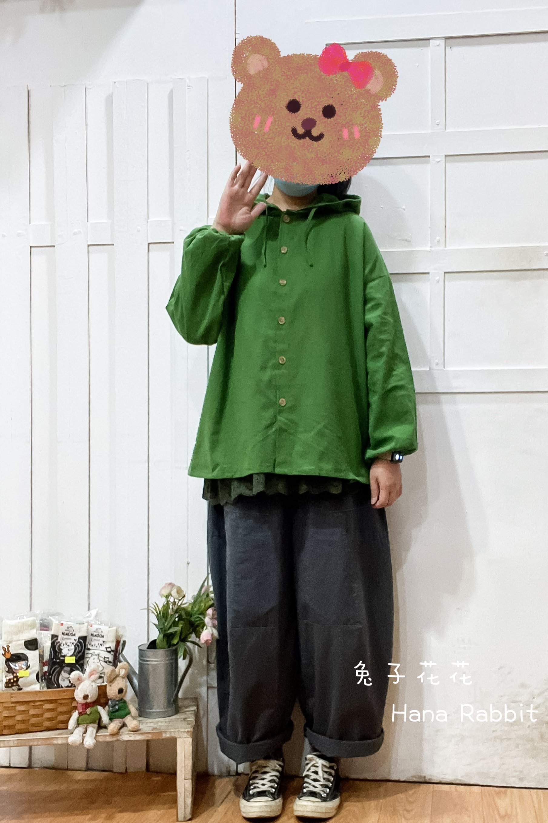 簡約好搭配連帽開襟棉麻上衣(綠) 19336