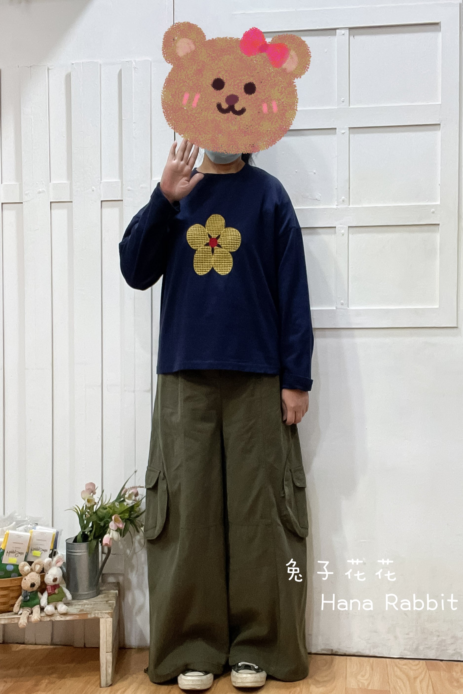 日系刺繡花重磅棉上衣(藍) 12364