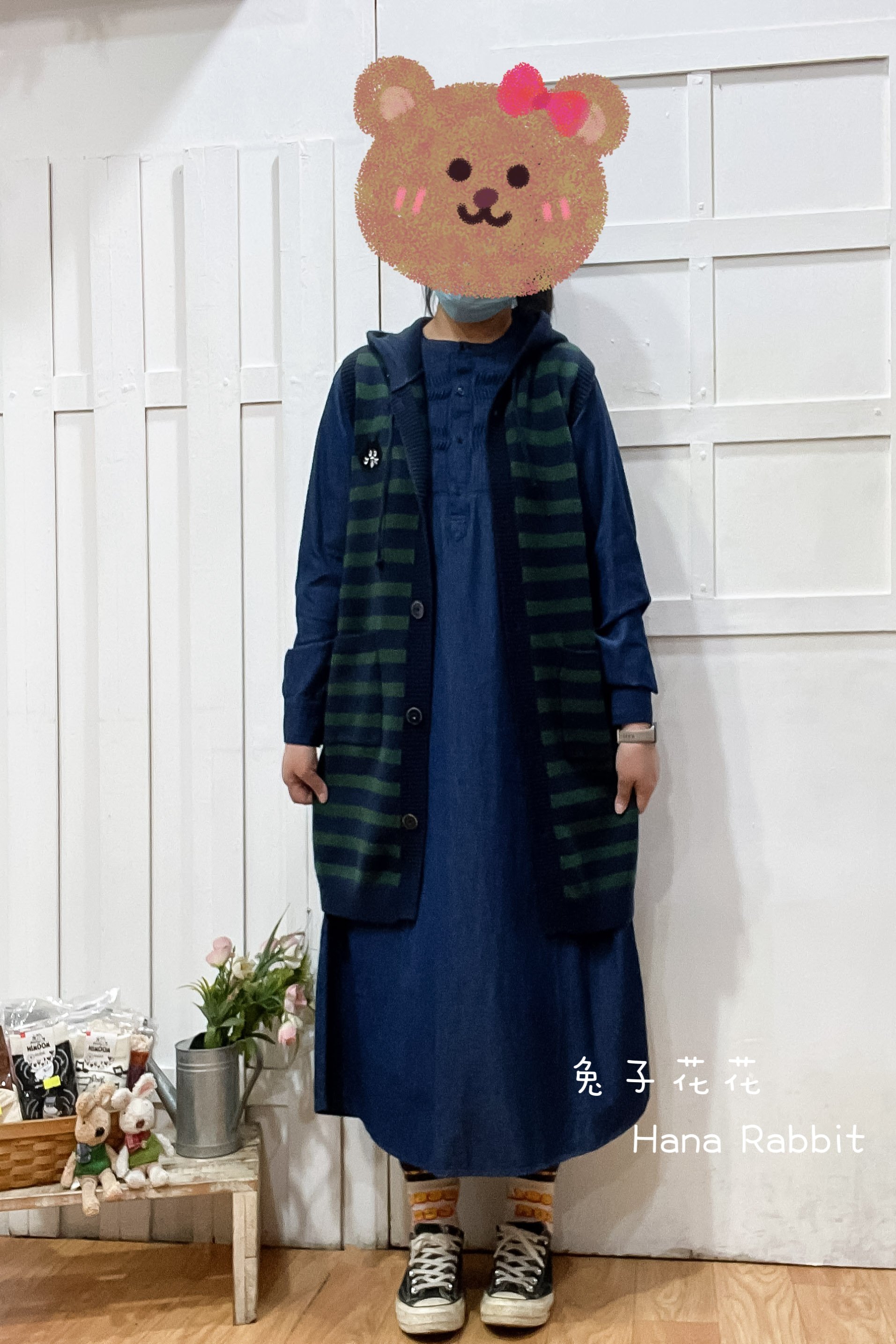 驚訝貓條紋連帽中長針織背心 15464