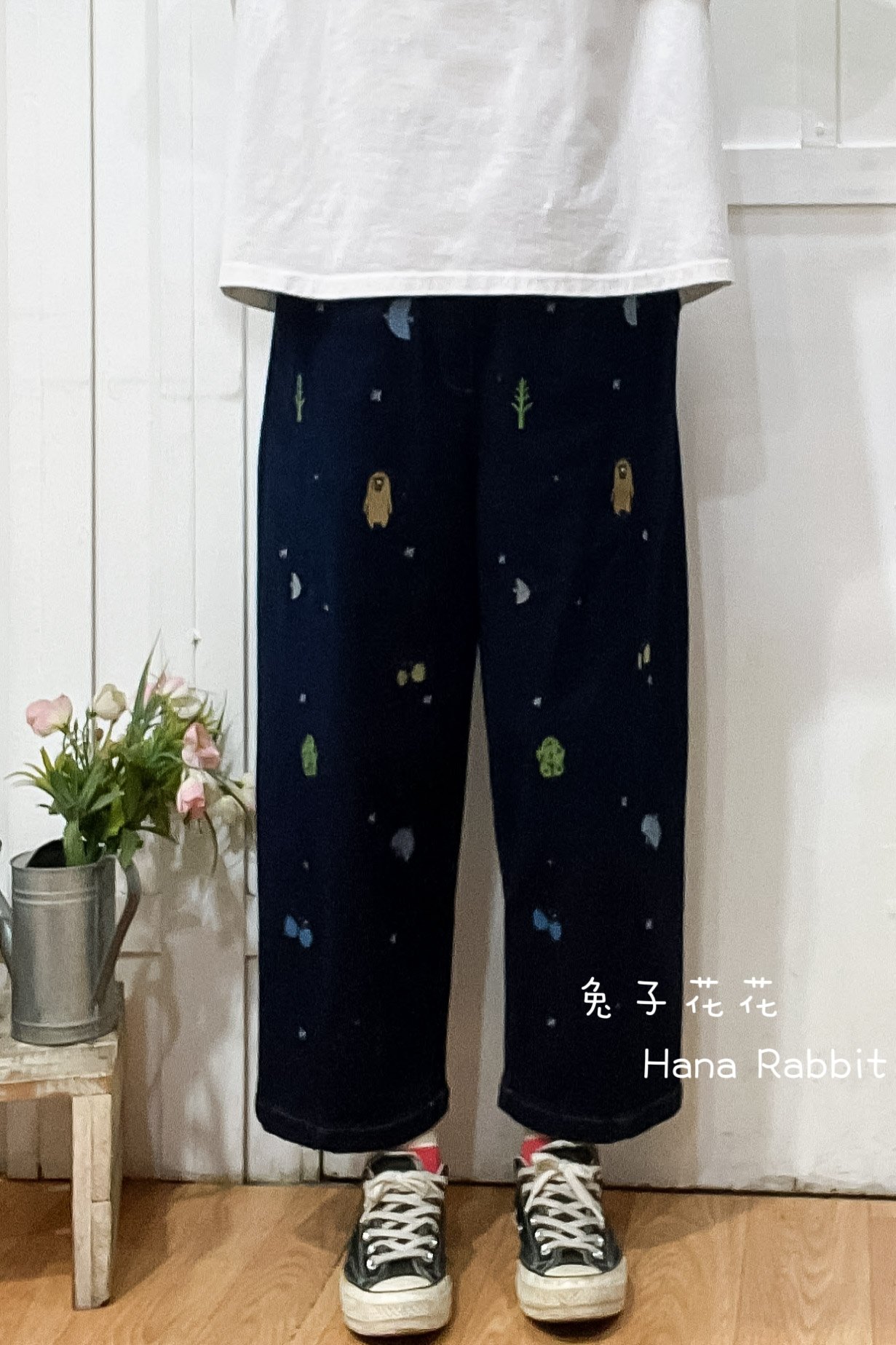 日系刺繡童趣內磨毛丹寧休閒褲 21102