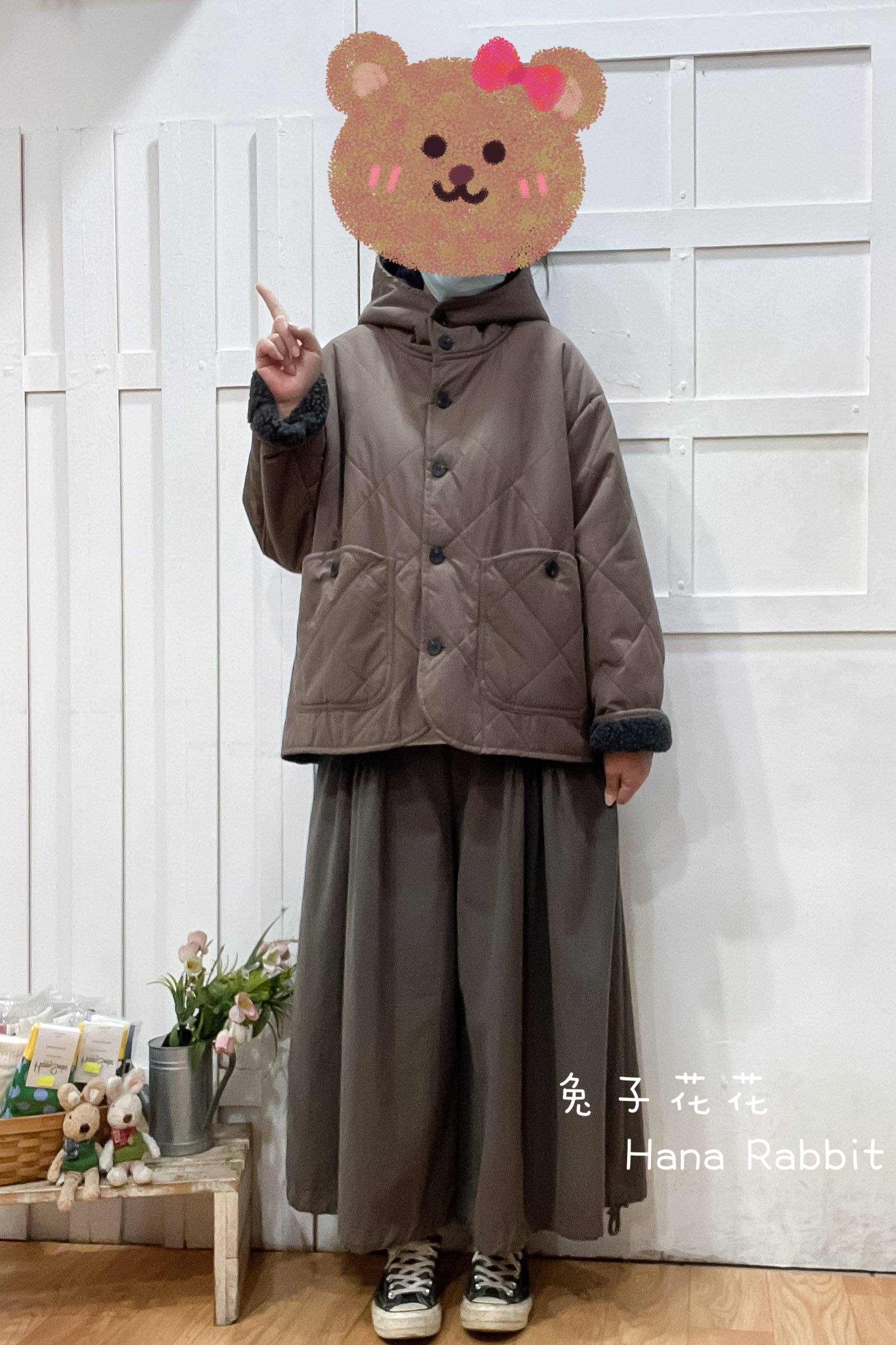 日系菱格壓紋連帽加絨外套(咖) 31127