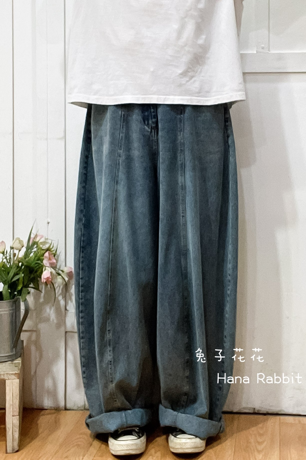 日系復古刷色微灣刀落地造褲 14690