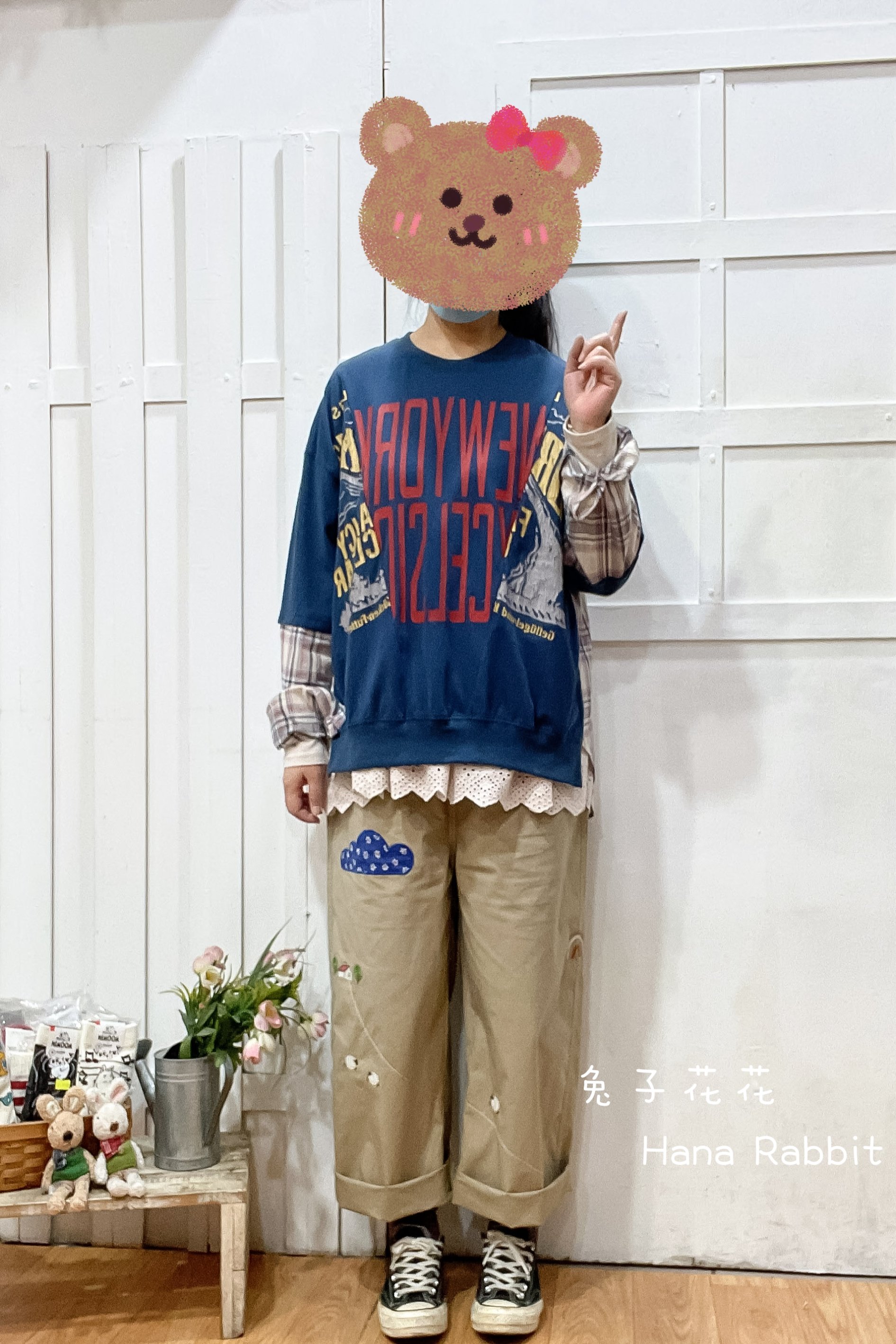 日系斑駁感字母拚接格紋棉質上衣 13538