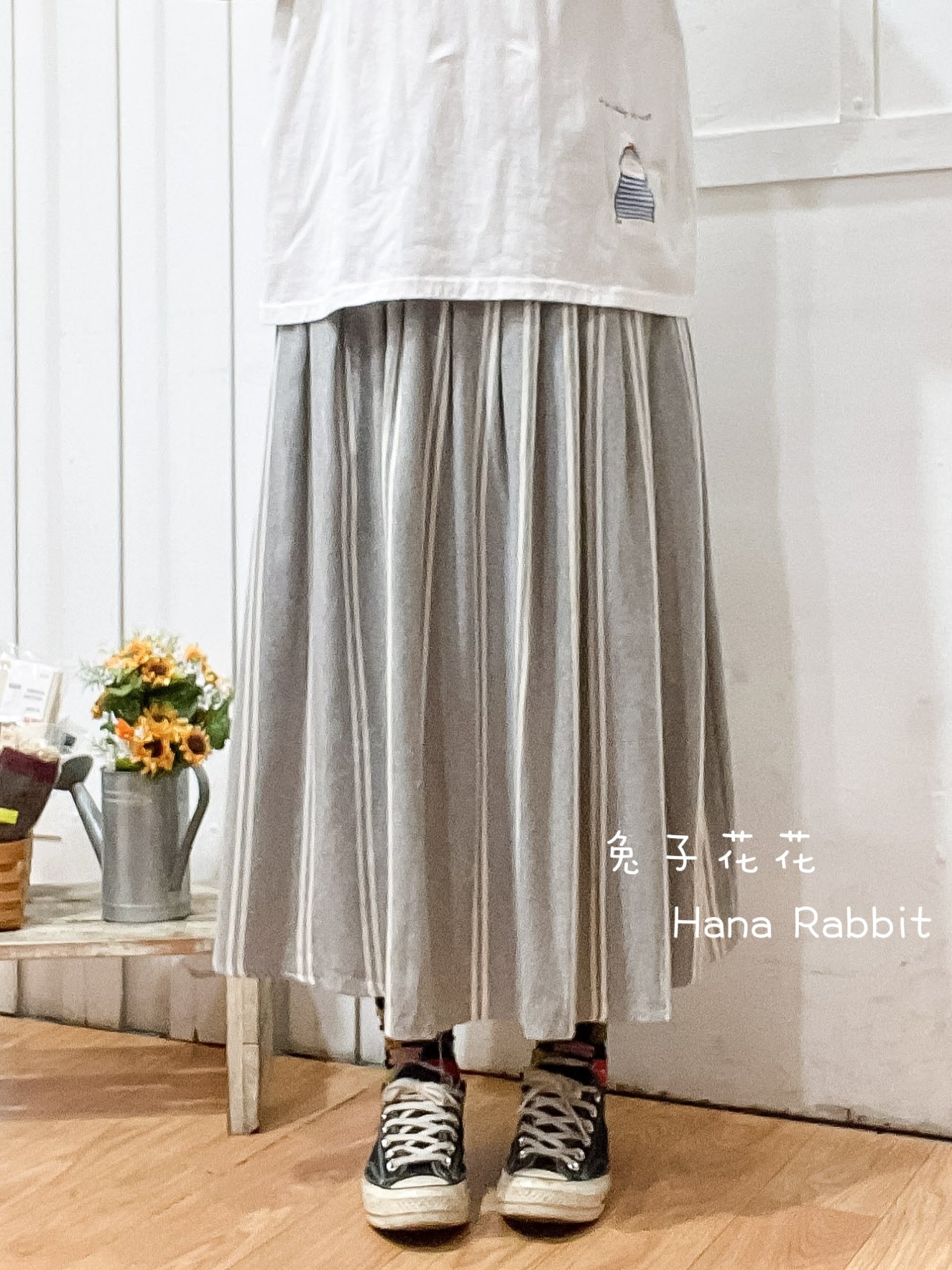森系不敗款條紋造型裙(淺灰) 15425