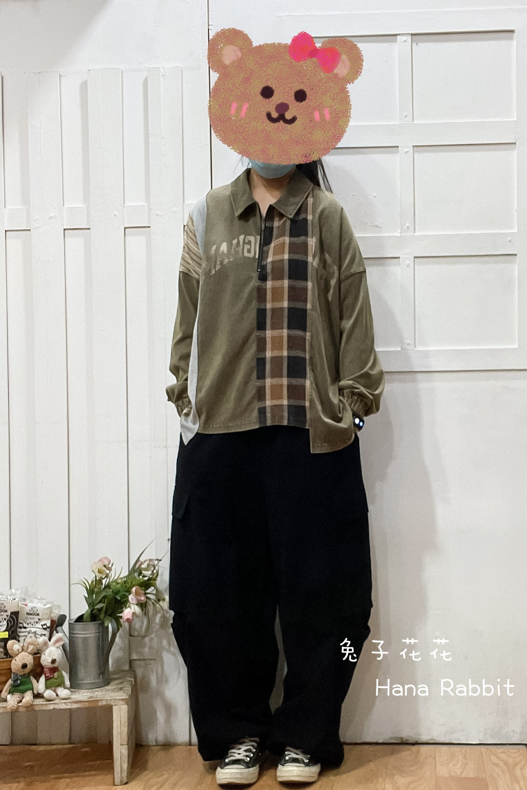 日系水洗棉不規則字母印花上衣(綠) 15024