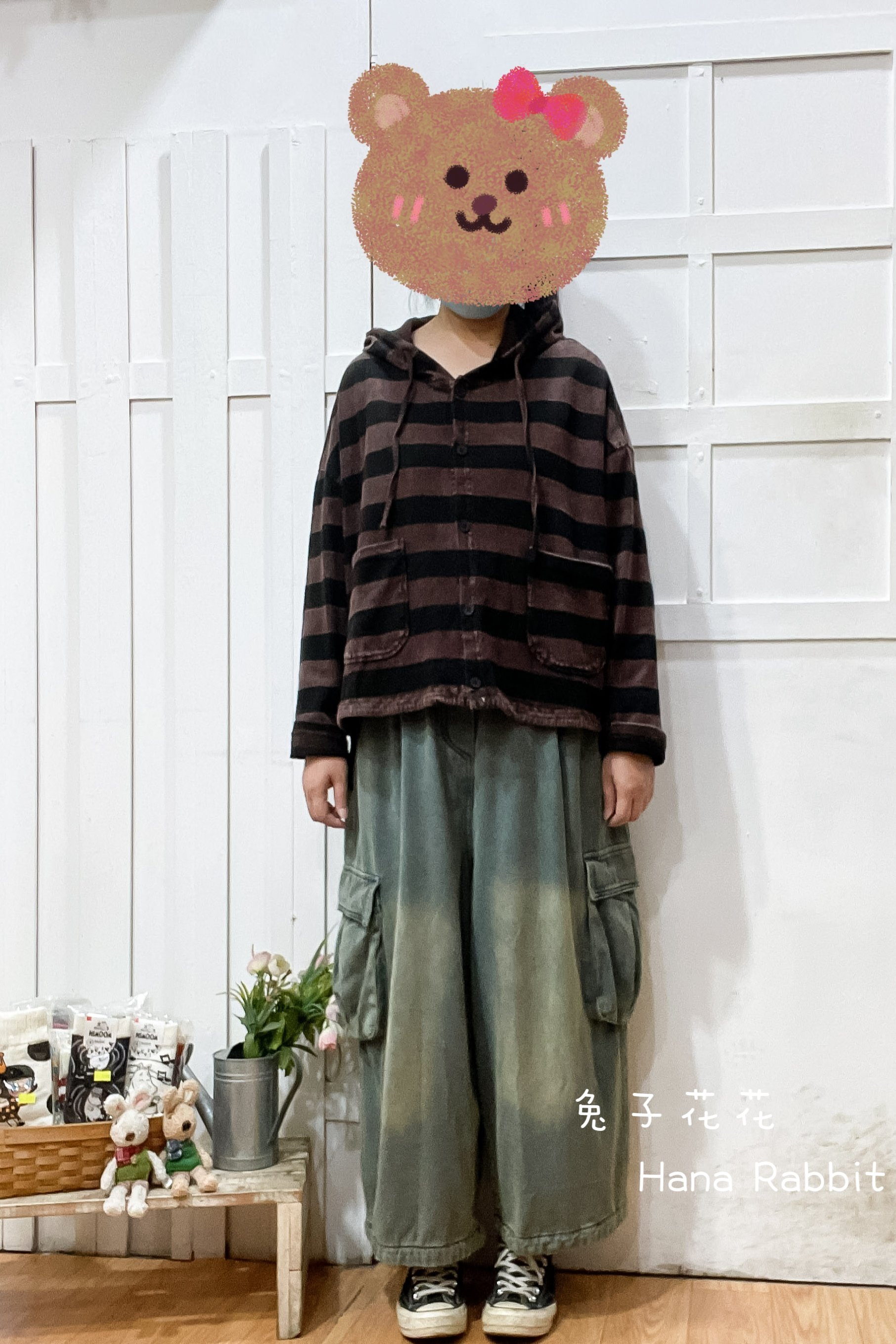 不敗款條紋連帽開襟上衣(咖紅) 20918