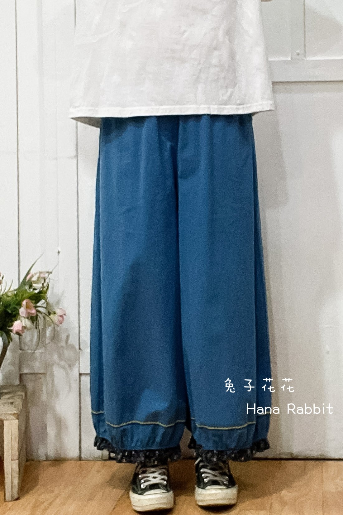 森系拚接木耳花邊燈籠褲(藍) 17452