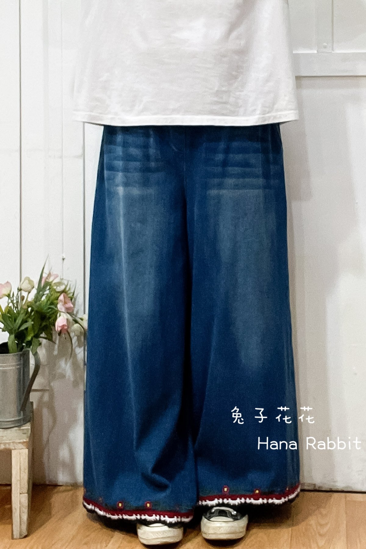 森系刺繡花復古寛鬆闊腿褲 14516