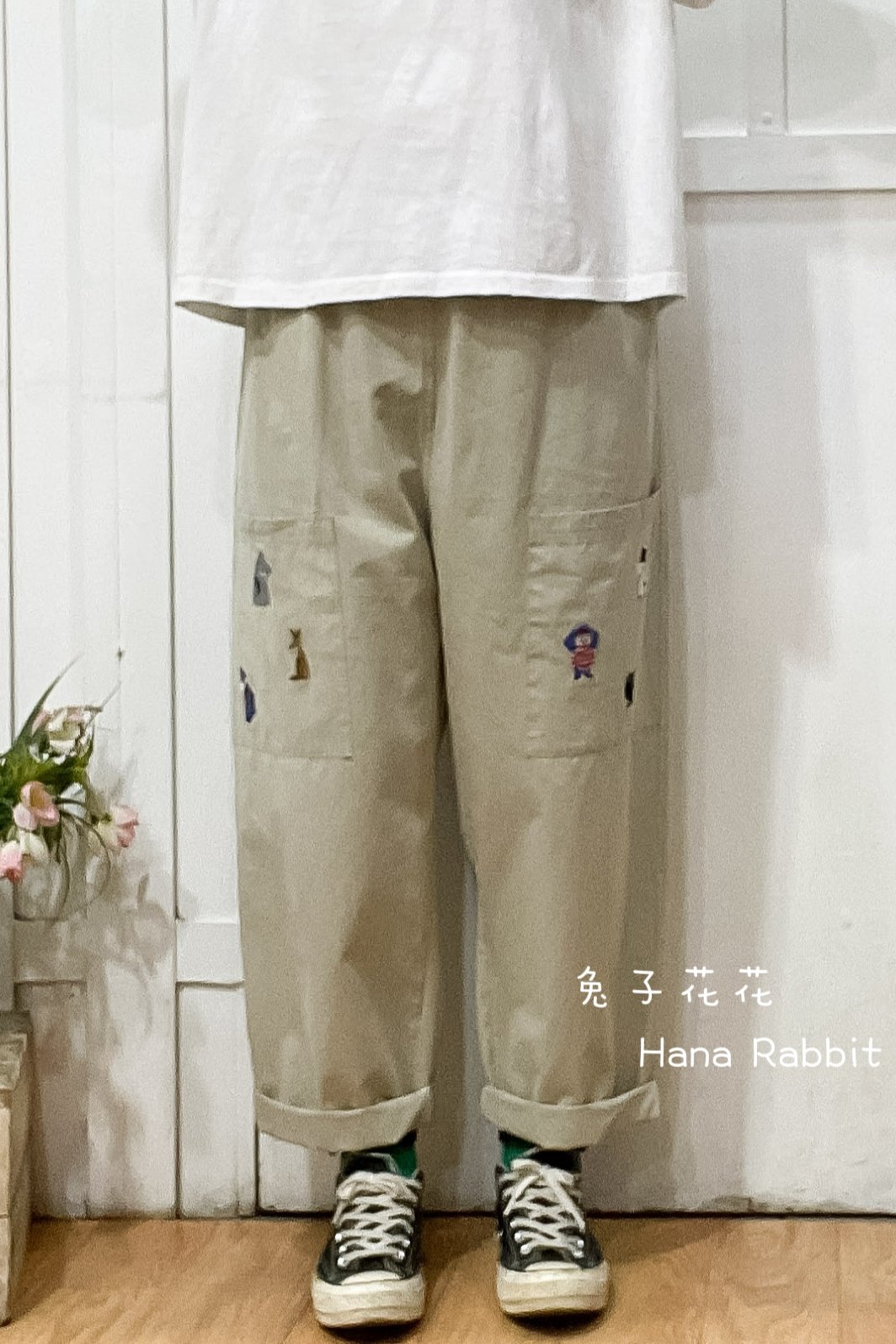 日系童趣小口袋棉麻造型褲(杏) 13024