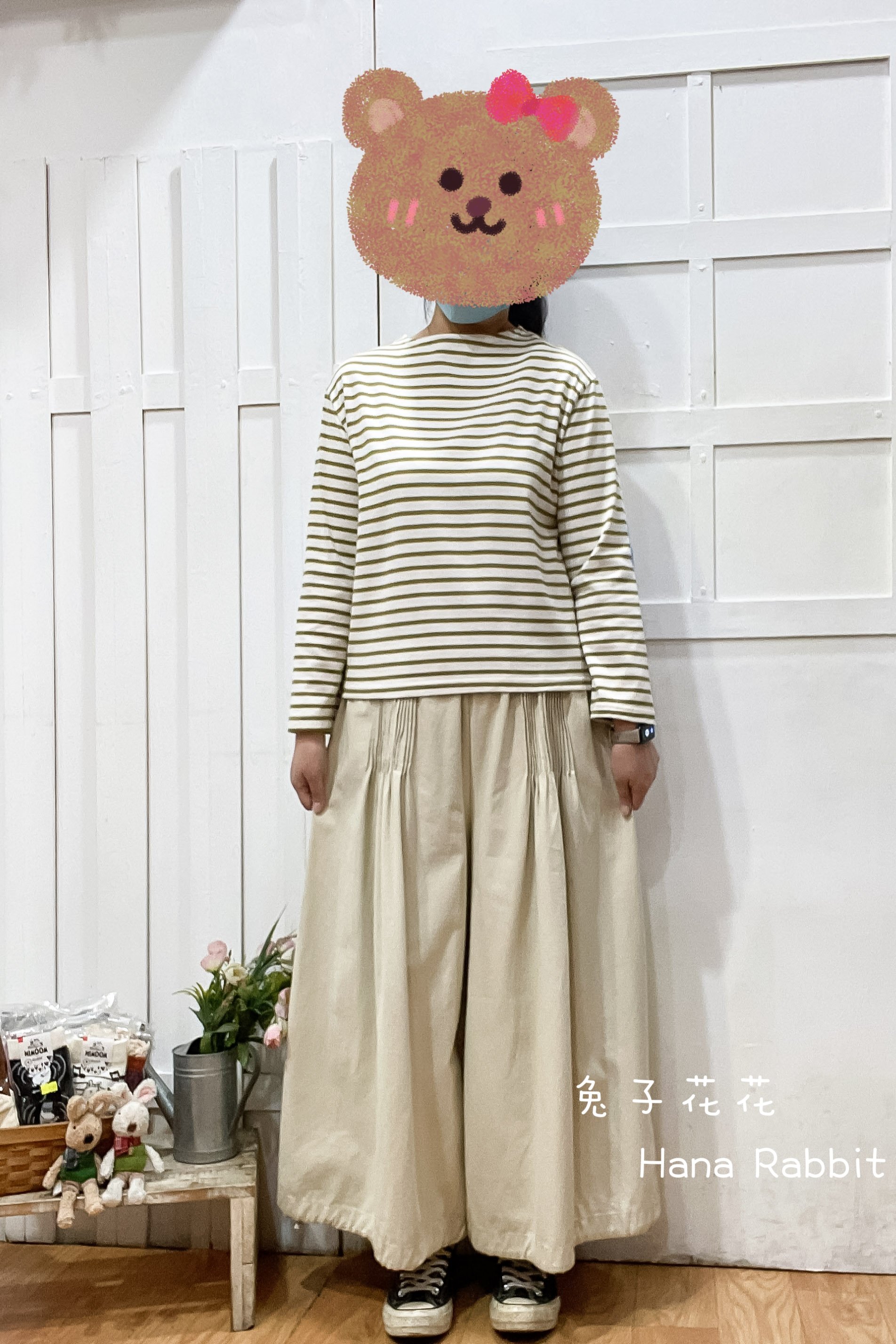 日系一字領條紋補丁棉質上衣(綠條) 13360