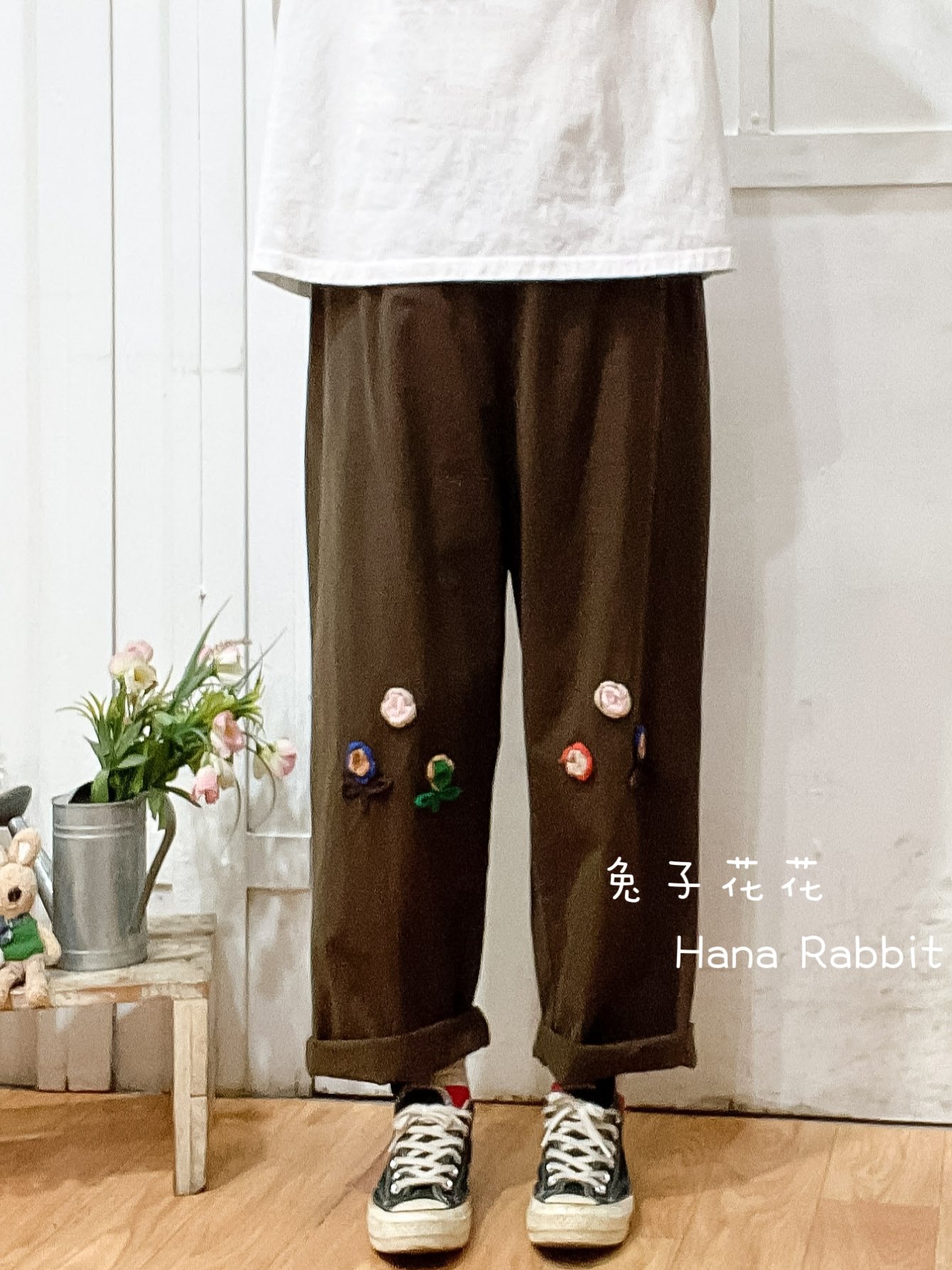 森系小清新花朵直筒褲 15636