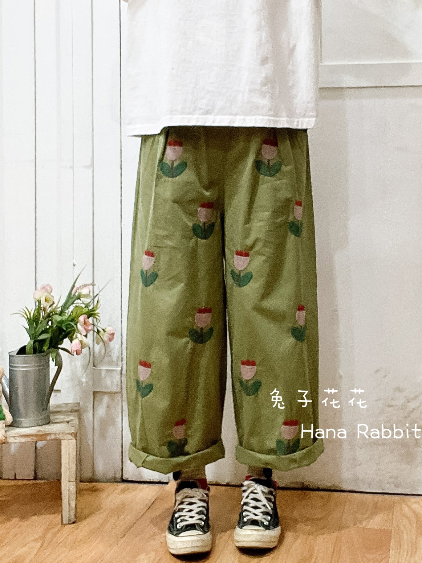 森系刺繡花造型直筒褲 13904