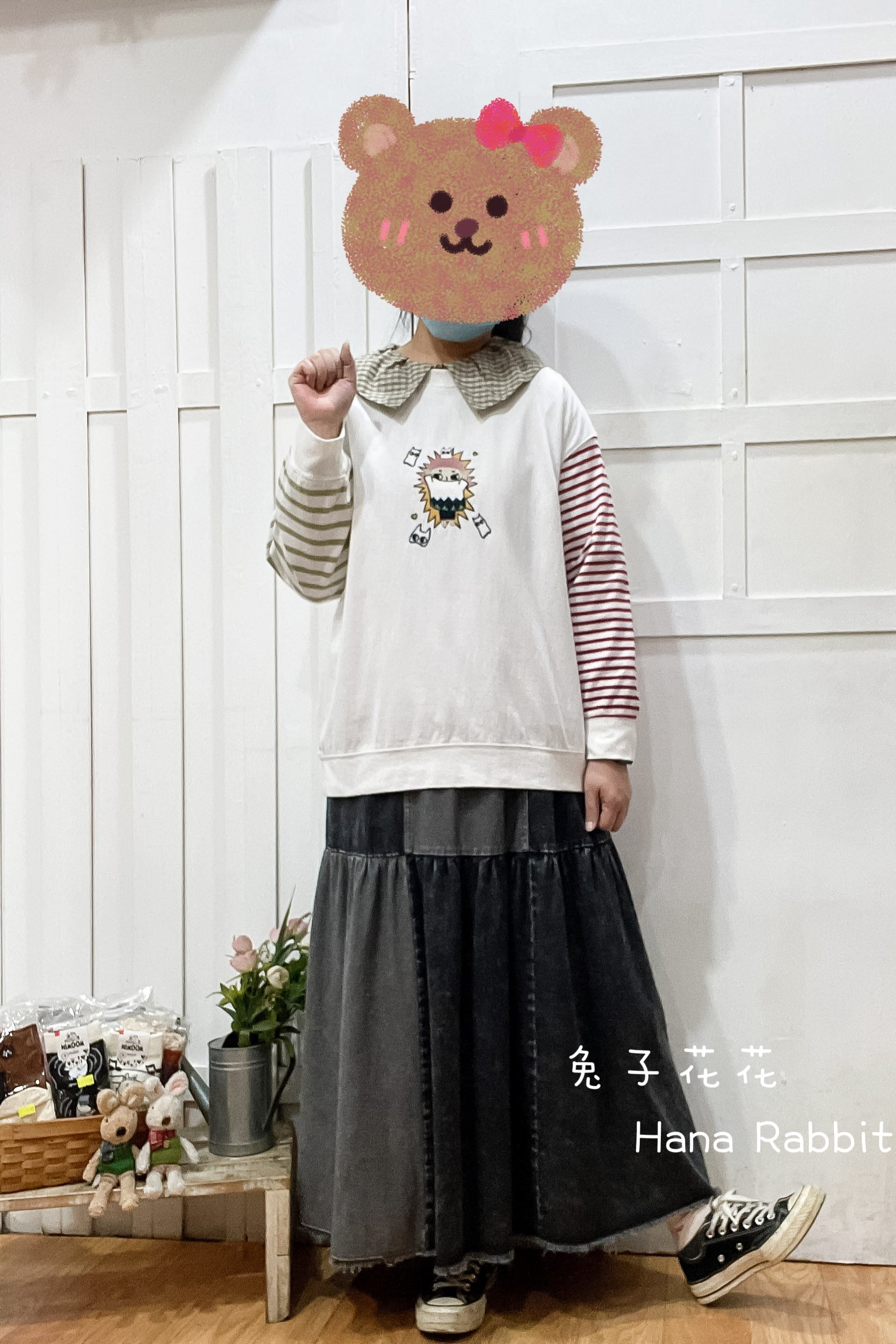 刺繡爆炸小女孩撞色重磅棉上衣(白) 21102