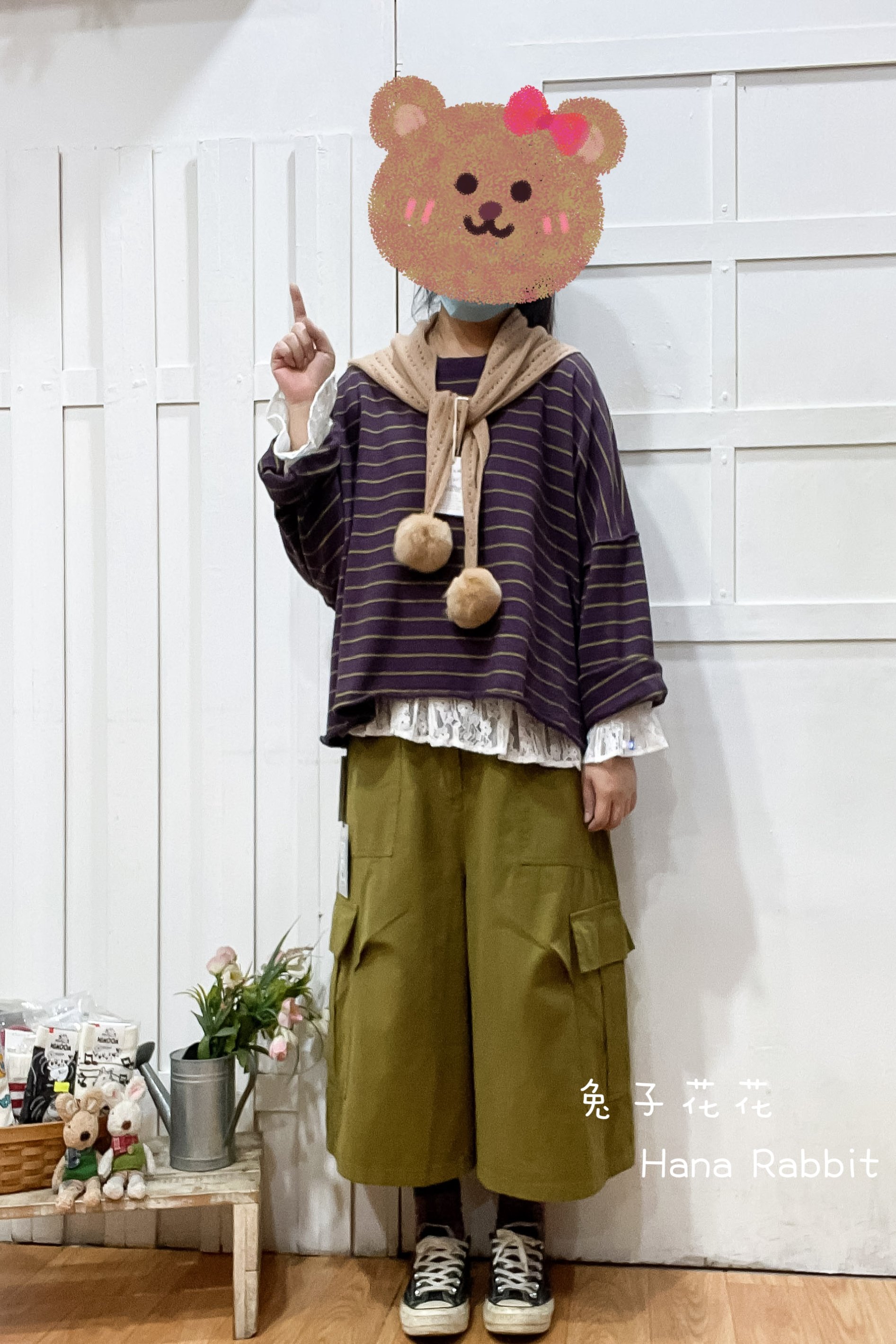 WE家條紋寛袖棉質上衣(紫) 19452