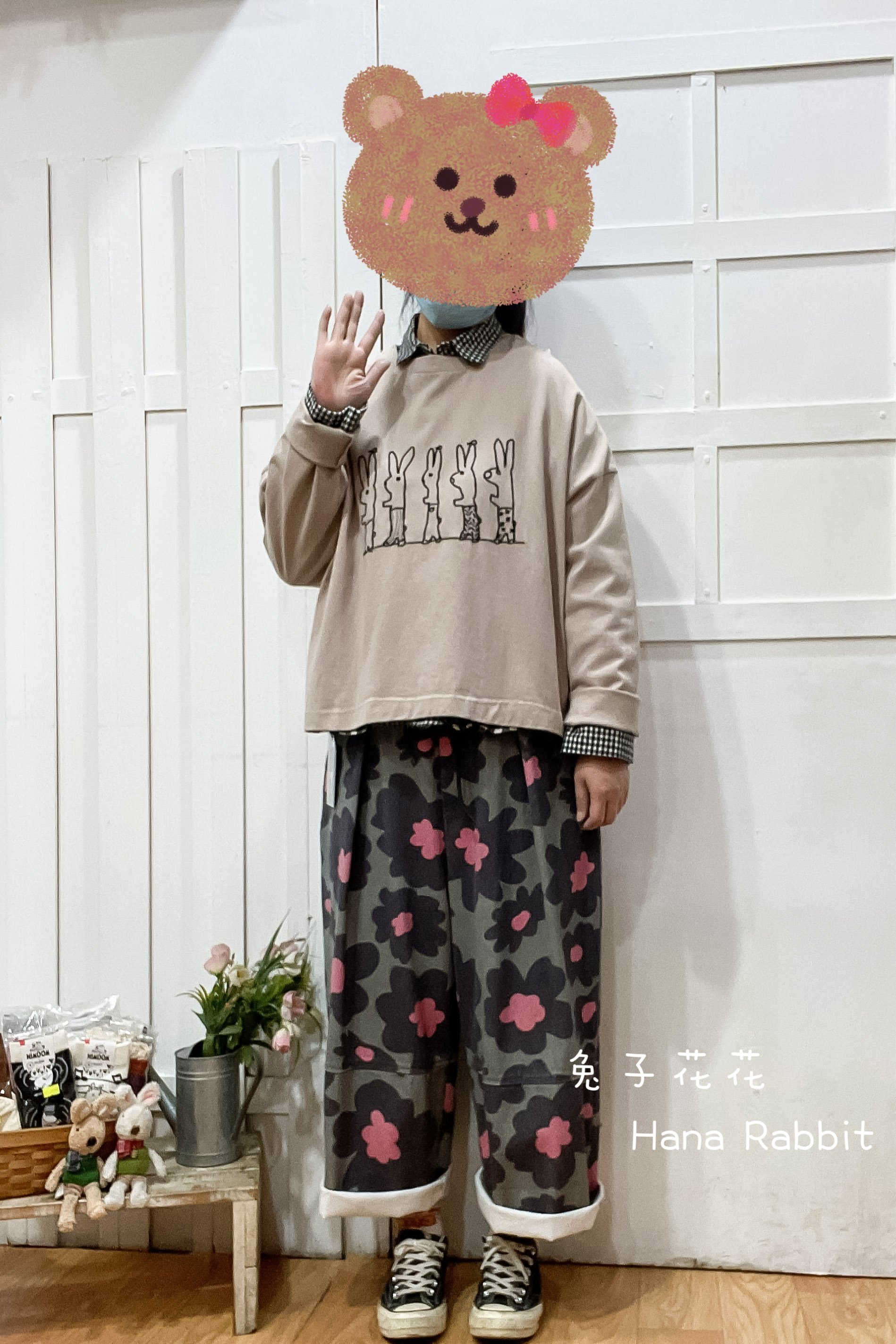 刺繡跳舞兔重磅棉上衣(奶茶) 13364