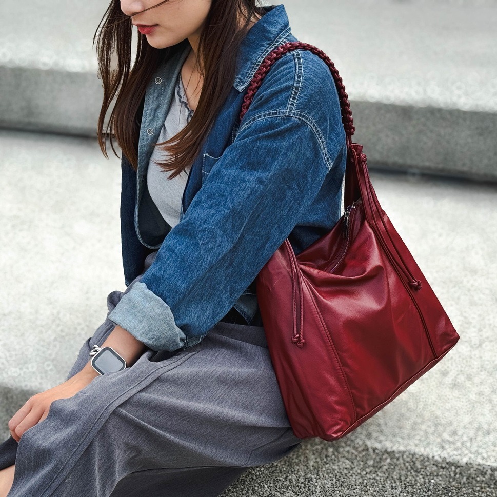 TRueSo 觸柔牛皮結理托特兩用包-紅色