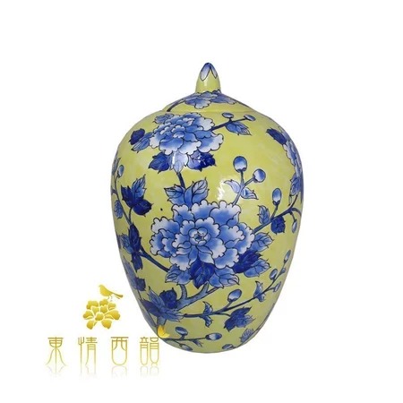★寶藏清倉★【東情西韻】手繪黃底藍牡丹圓罈 ♡13吋♡
