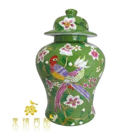 ★寶藏清倉★【東情西韻】手繪洋彩鸚鵡將軍罐 ♡17吋♡