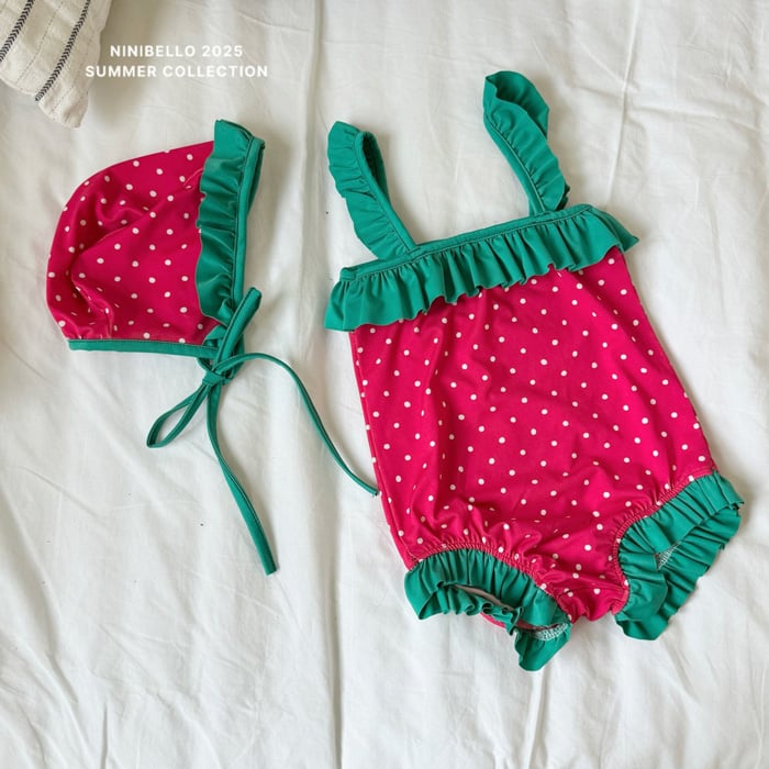 (現貨)【草莓點點泳衣】泳衣＋泳帽套組