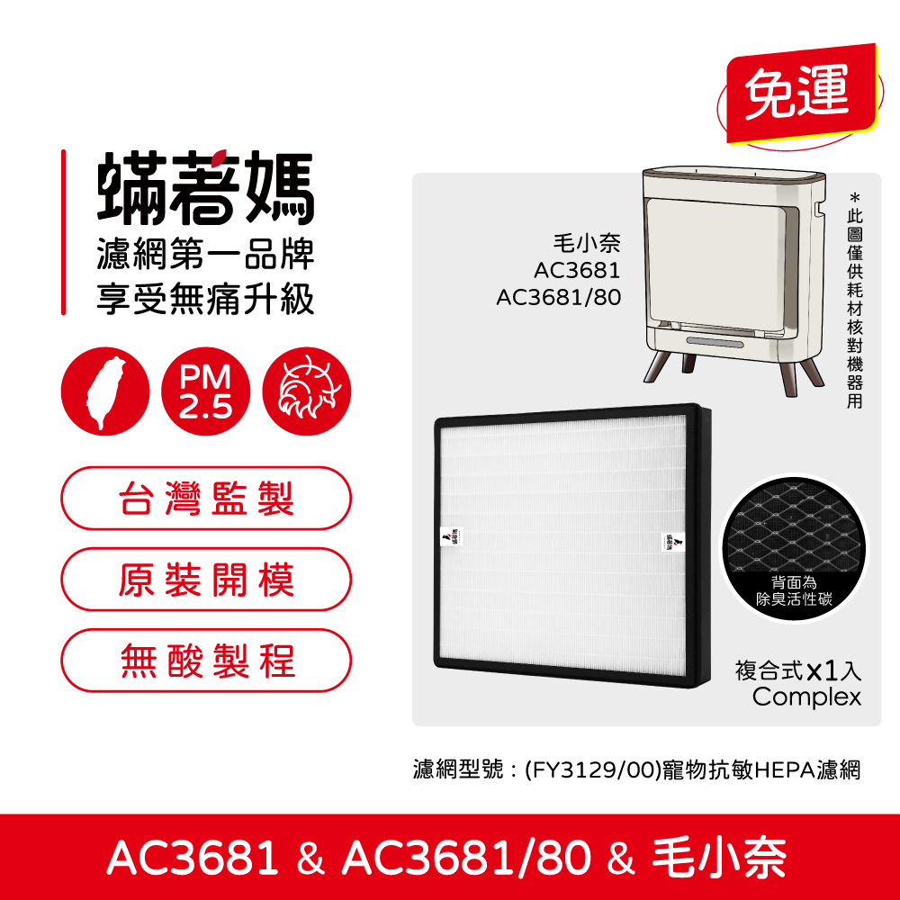 蟎著媽 適用 PHILIPS 飛利浦 AC3681 AC3681/80 毛小奈抗敏寵物清淨機 濾網 FY3129