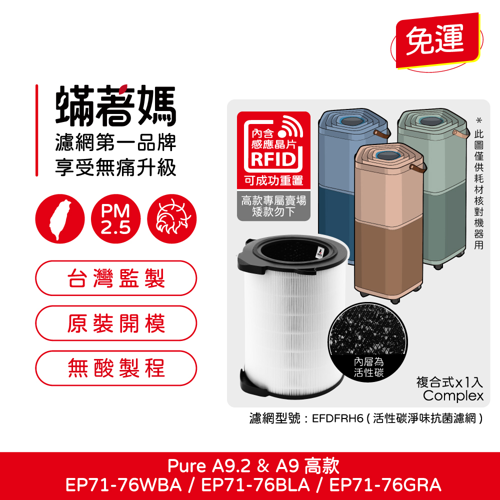 適用 Electrolux 伊萊克斯 Pure A9 A9.2 高款  EP71-76WBA  EP71-76BLA  EP71-76GRA 空氣清淨濾網