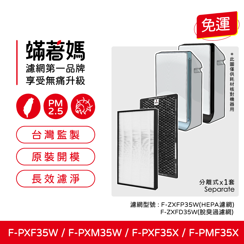 【蟎著媽】濾網 適用 Panasonic 國際牌 F-PXM35W F-PXF35W F-ZXMP35W F-ZXFD35W 抗敏+除臭組 (HEPA一片+蜂巢式顆粒活性碳一片)