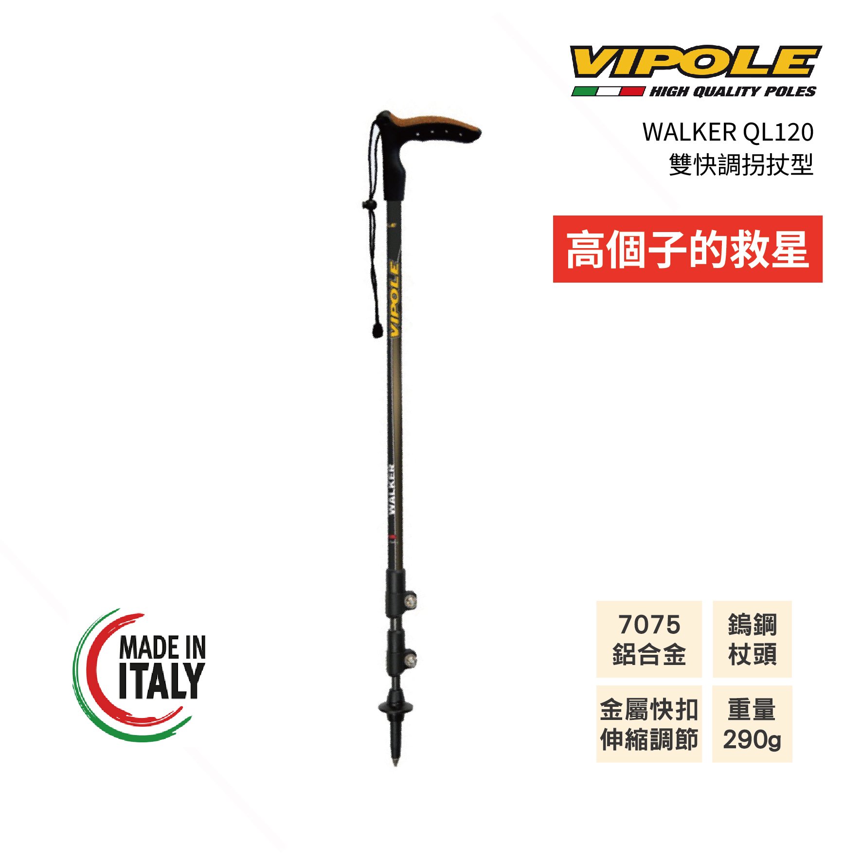 VIPOLE WALKER QL120雙快調拐杖型登山杖 雙系統調節 健行 公司貨 維修保固